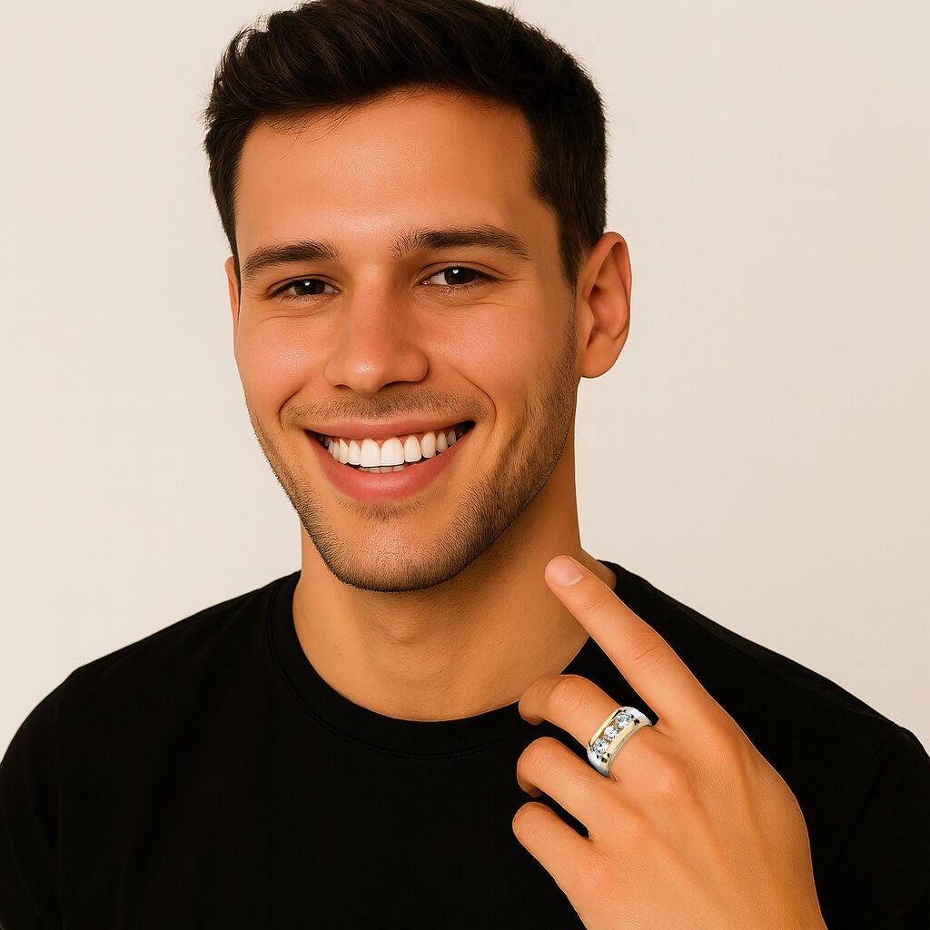 Men's 1.50 TCW Channel-Set CZ Gold-Plated Sterling Silver 3-Stone Ring, WHITE, alternate image number 2