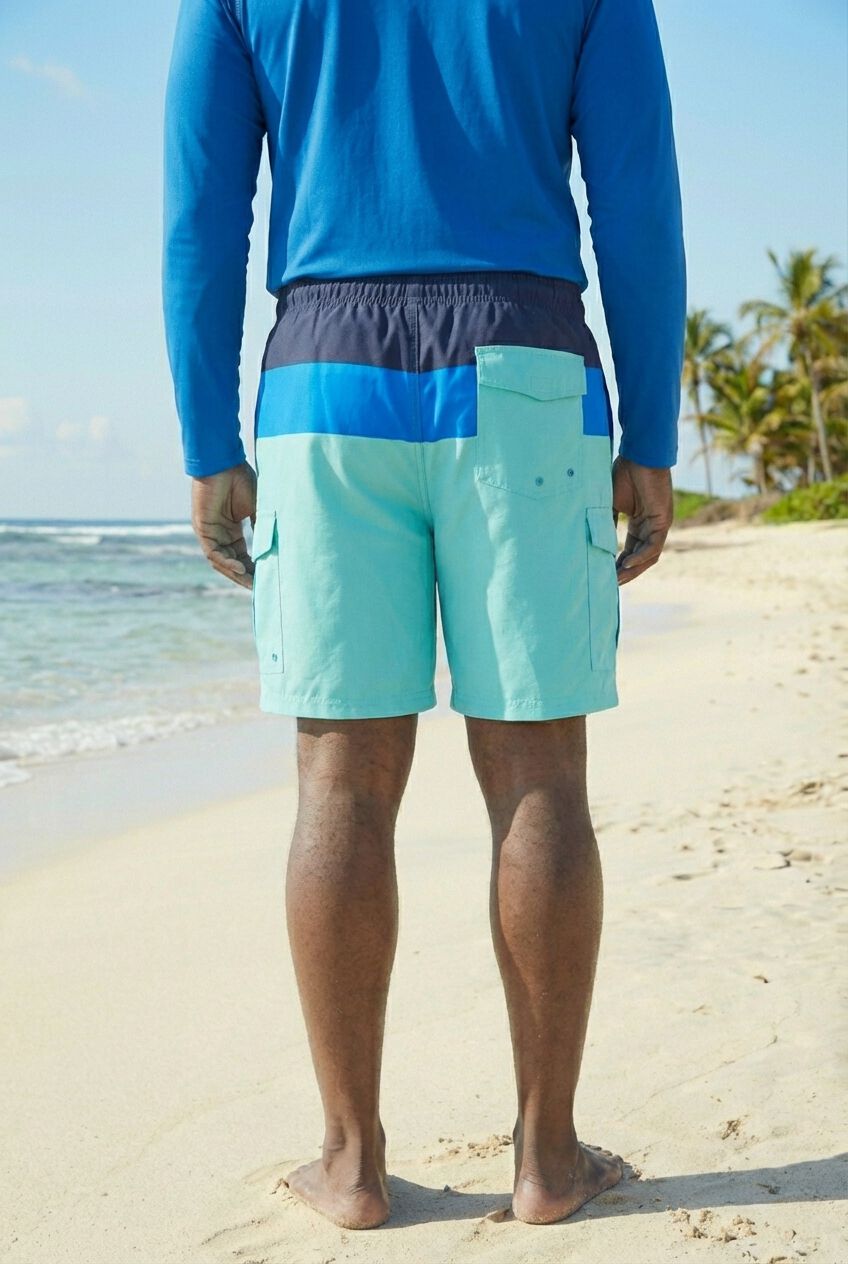 8 inches Printed Cargo Swim Trunks, BLUE AQUA COLORBLOCK, alternate image number 3