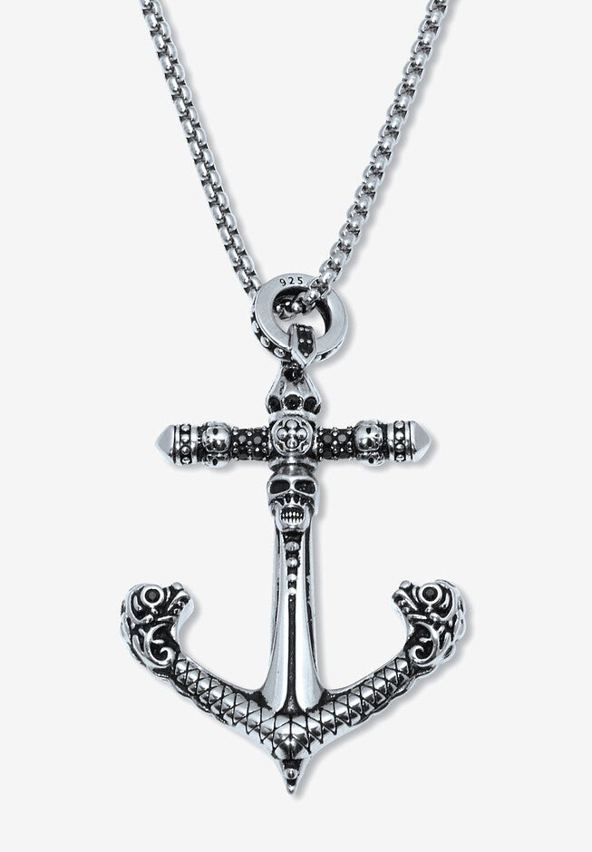 Round Black Crystal Sterling Silver Skull Anchor Pendant Necklace 24-Inch, BLACK, hi-res image number 0