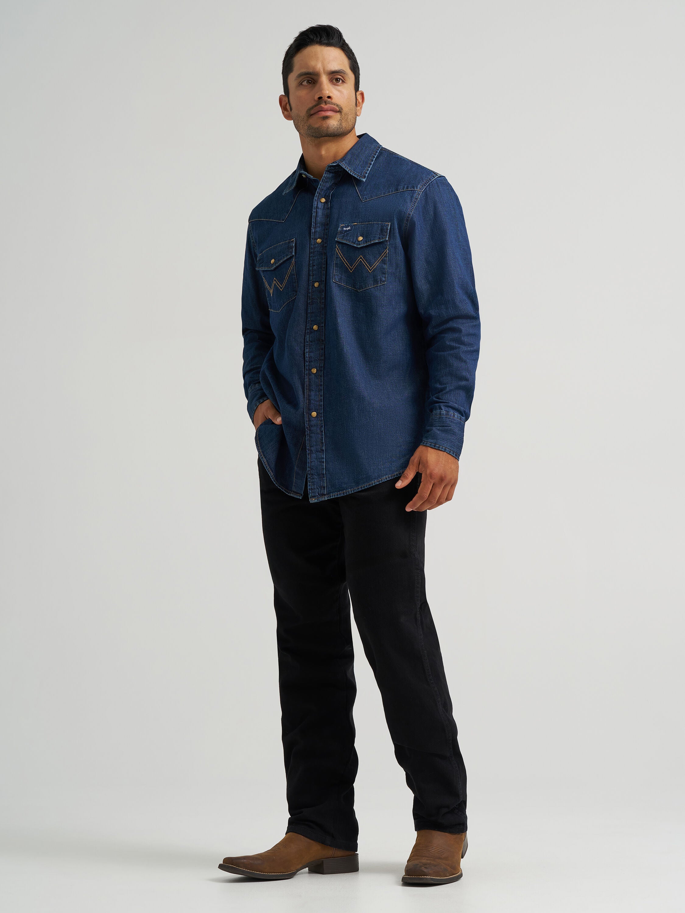 Wrangler Classic Denim Western Snap Shirt, DARK DENIM, alternate image number 5