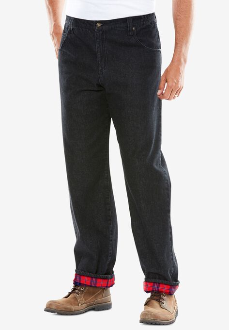 Flannel-Lined Side-Elastic Jeans, BLACK DENIM, hi-res image number null