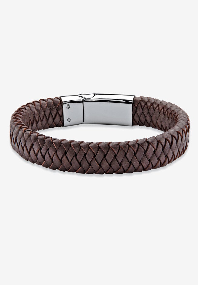 Men'S Stainless Steel Braided Leather Cuff Bracelet (13Mm), Leather 9 Inches, WHITE, hi-res image number null