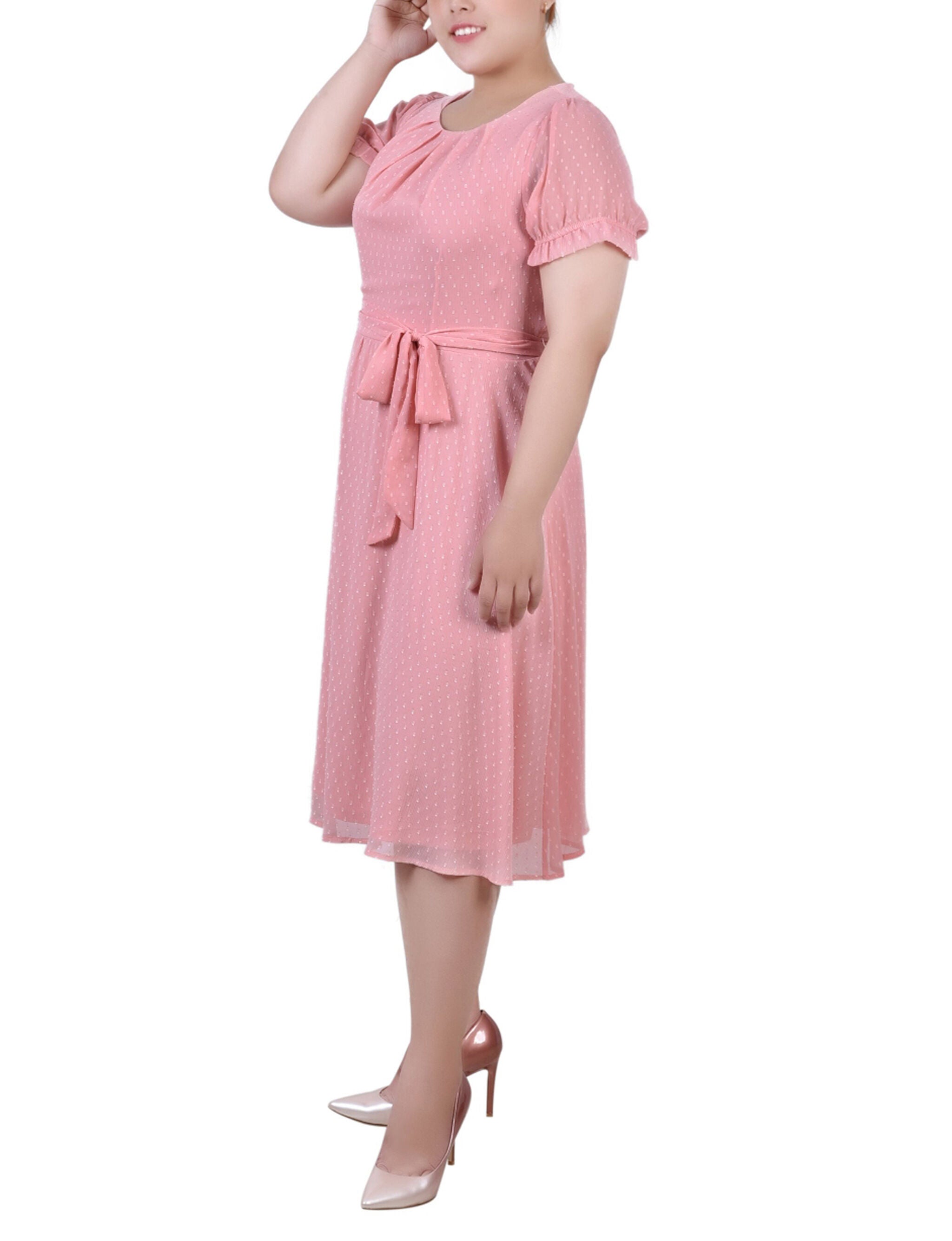 Short Sleeve Belted Swiss Dot Dress, Mellow Rose Rectangle, alternate image number 1