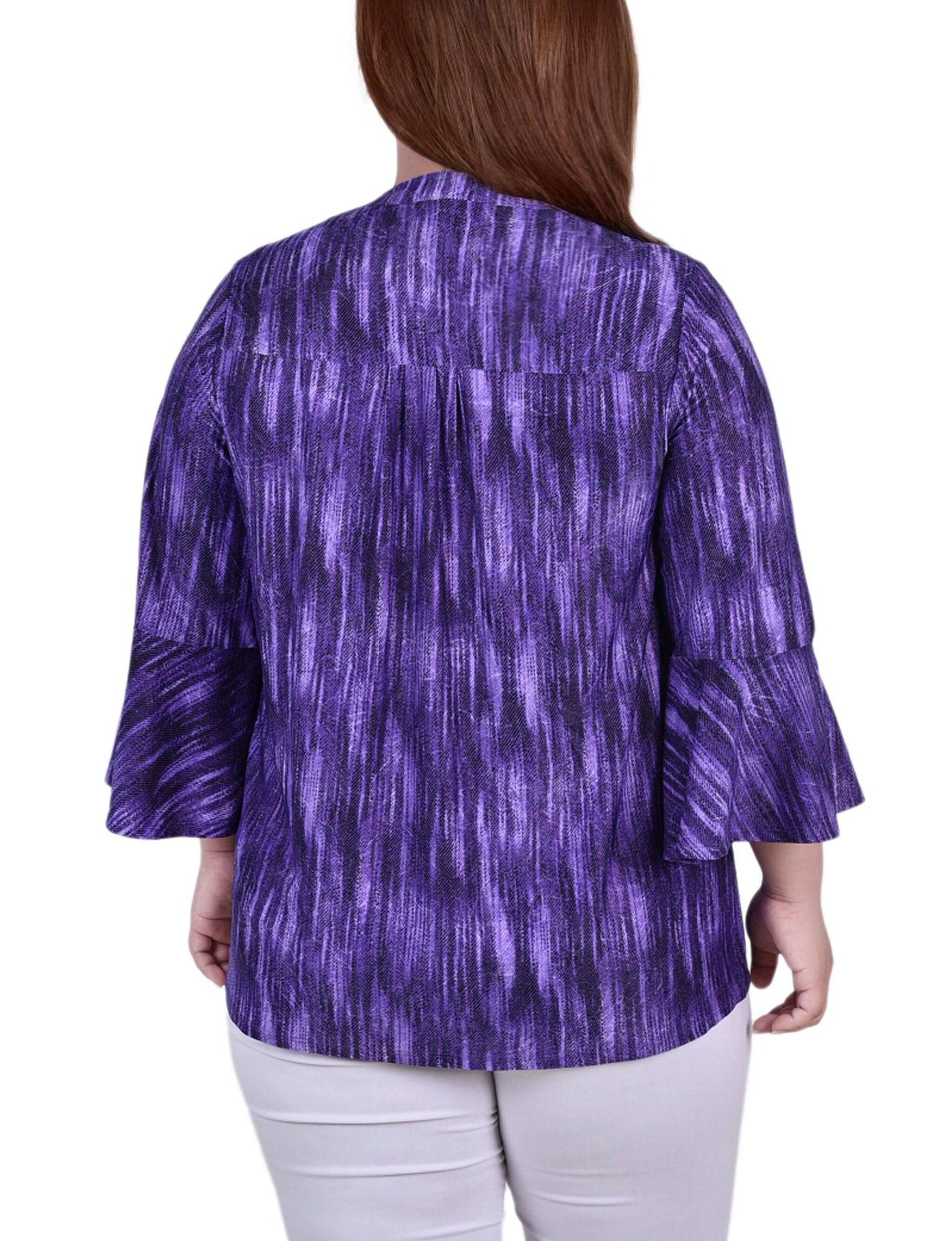 3/4 Bell Sleeve Pleat Front Y Neck Top, Purple Stripe, alternate image number 2