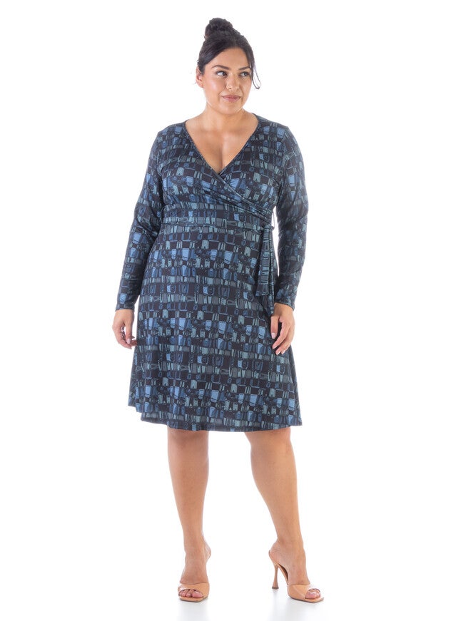Grey Plus Size Long Sleeve Knee Length Faux Wrap Dress, MultiColor, hi-res image number 0