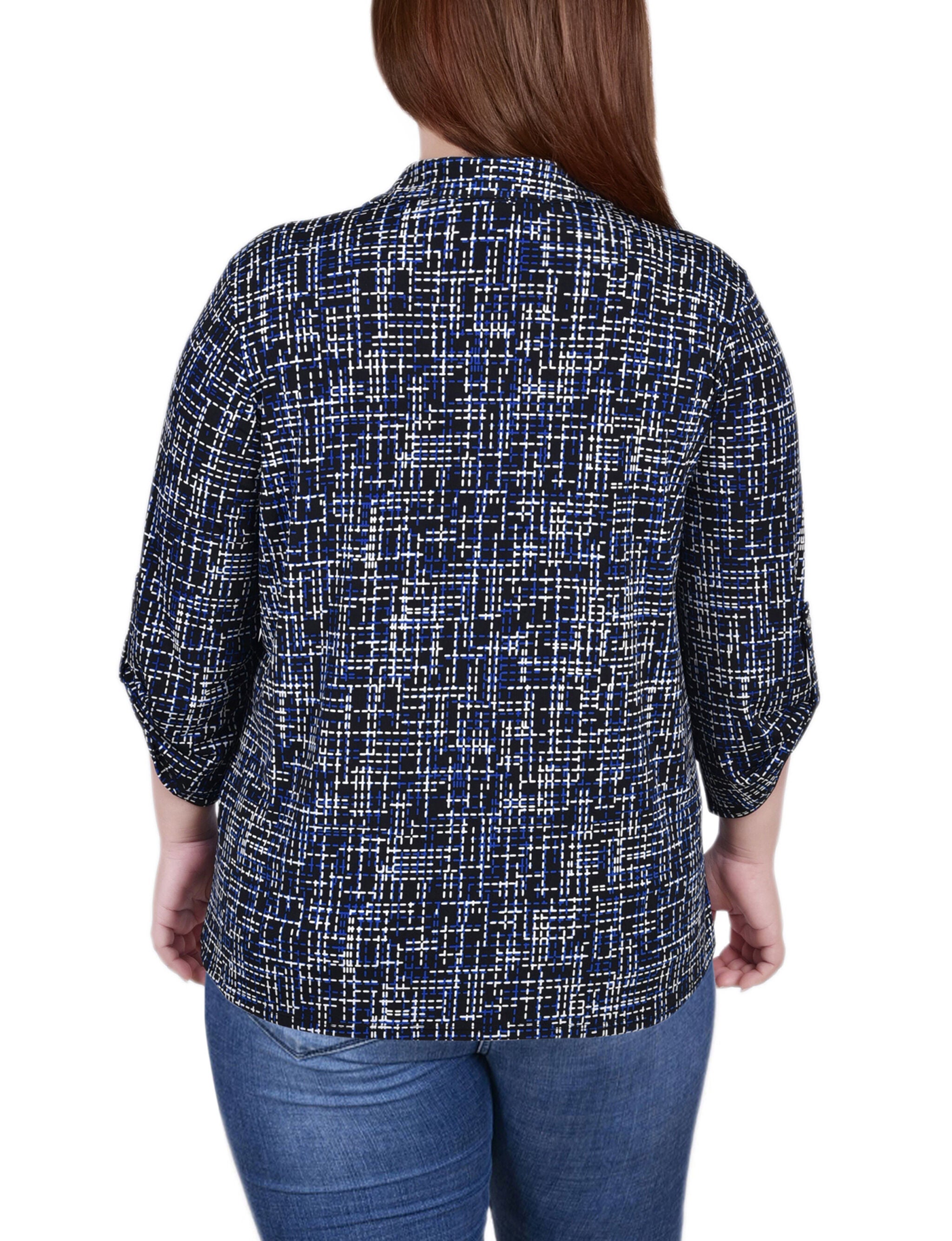 3/4 Roll Tab Sleeve Studded Y Neck Top, Royal Abstract, alternate image number 2