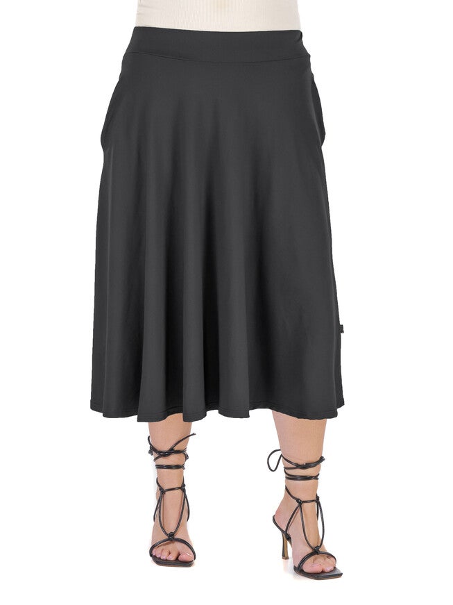 Elastic Waist Pleated Pocket Plus Size Midi Skirt, Black, hi-res image number null