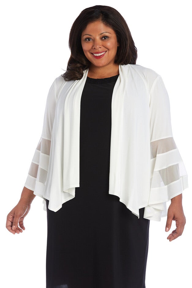 Draped, Open Jacket with Full Sleeves and Sheer Inserts, Ivory, hi-res image number null