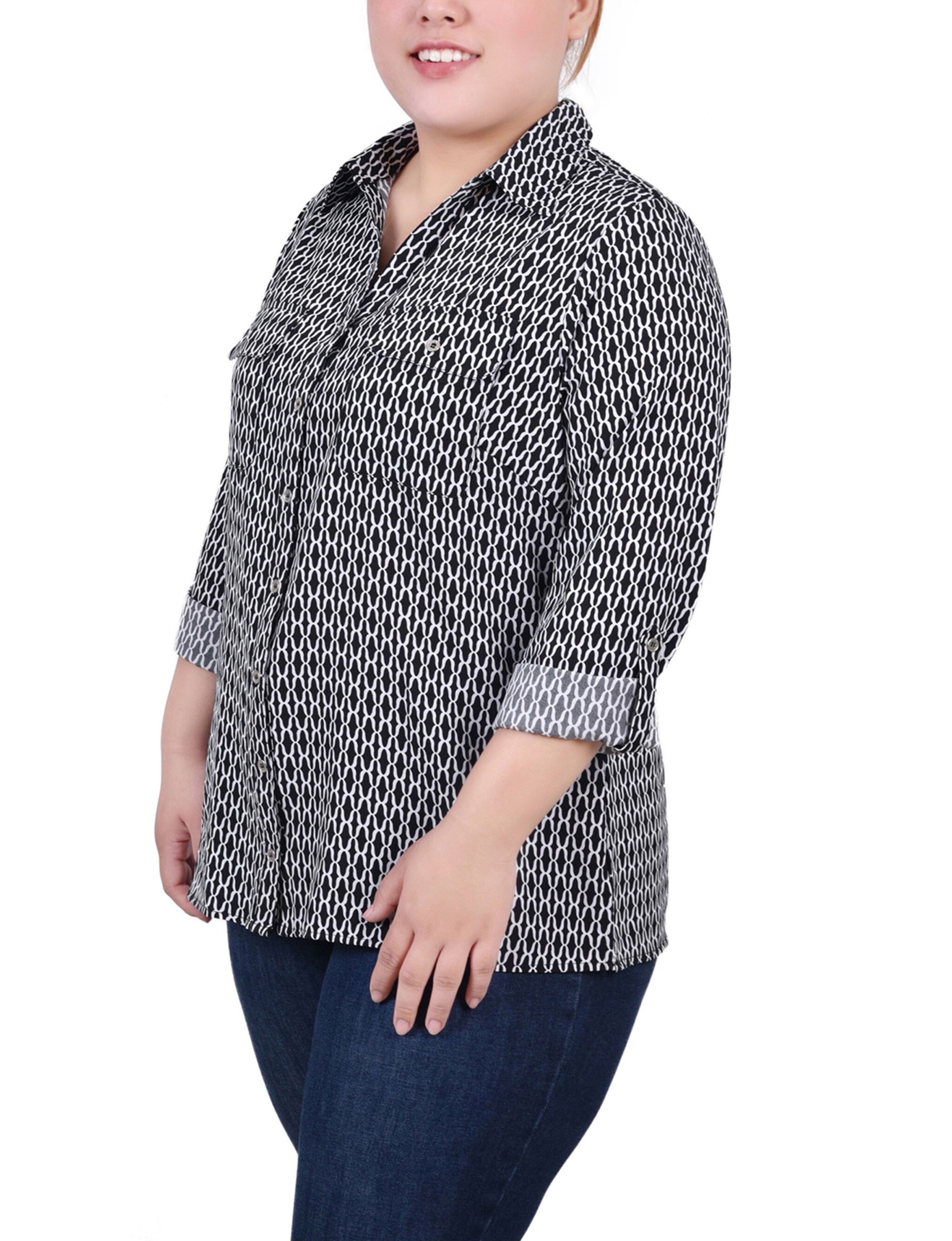 3/4 Roll Tab Blouse With Pockets, Black White Justin, alternate image number 1