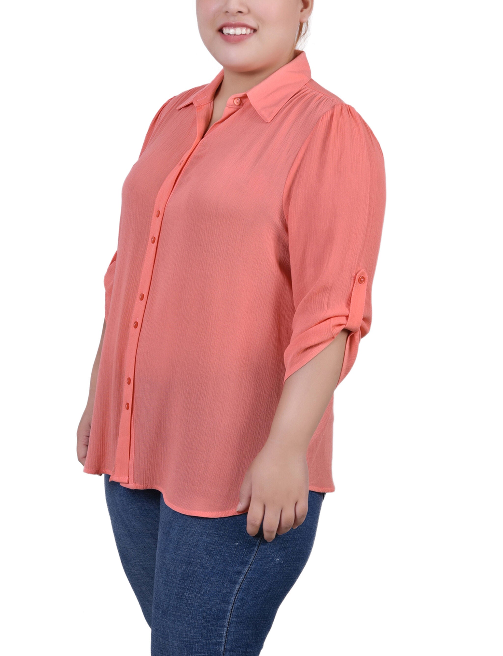 3/4 Sleeve Gauze Blouse, Coral, alternate image number 1