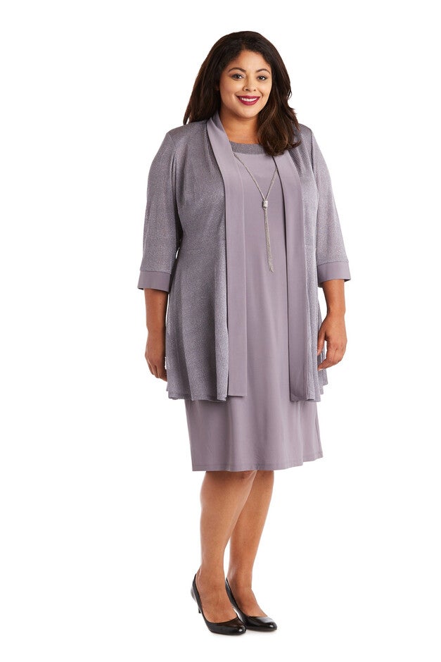 3/4 Sleeve Two Piece Jacket and Dress Set with Metallic Detail, Silver, hi-res image number 0