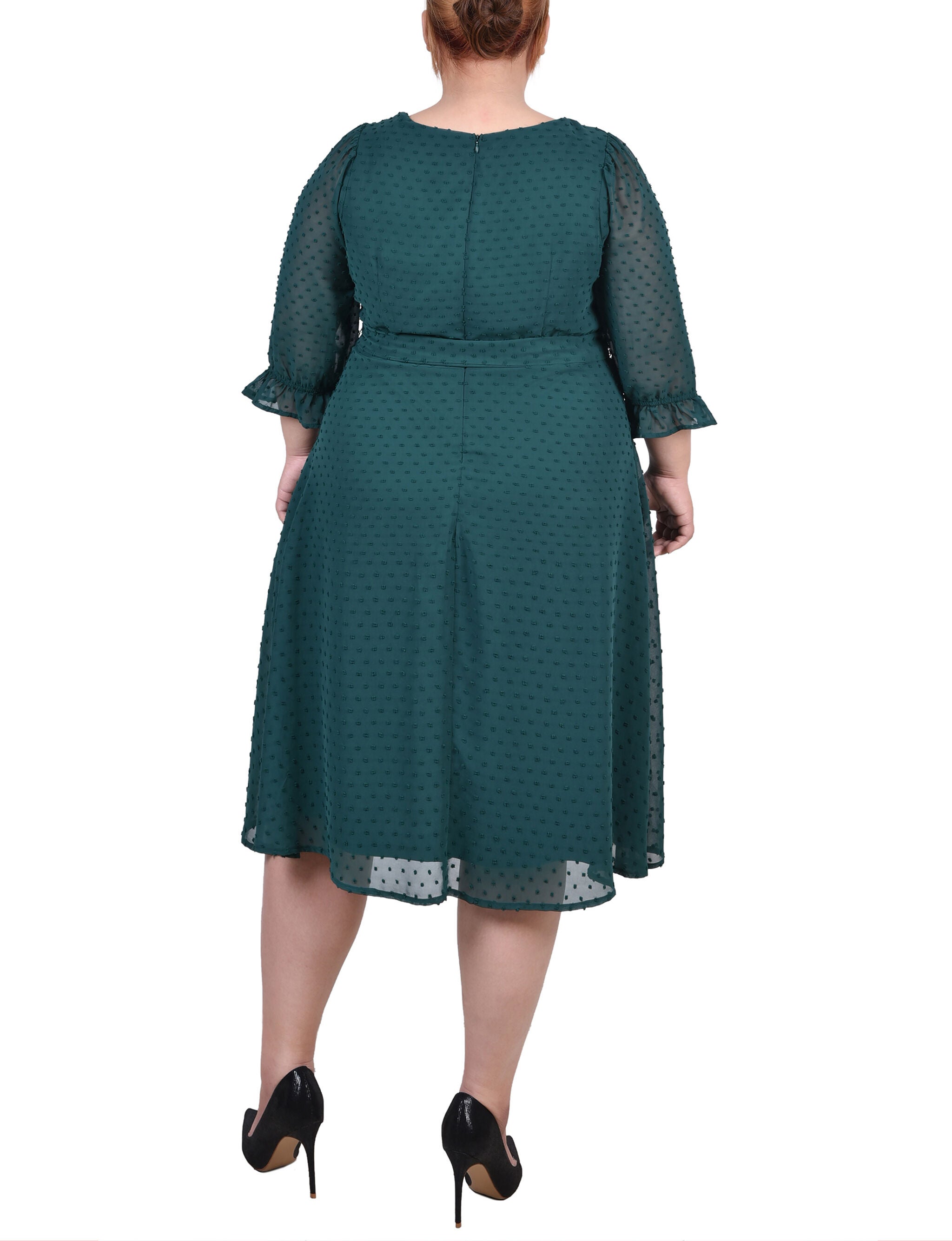 3/4 Sleeve Belted Swiss Dot Dress, Botanical Garden, alternate image number 2