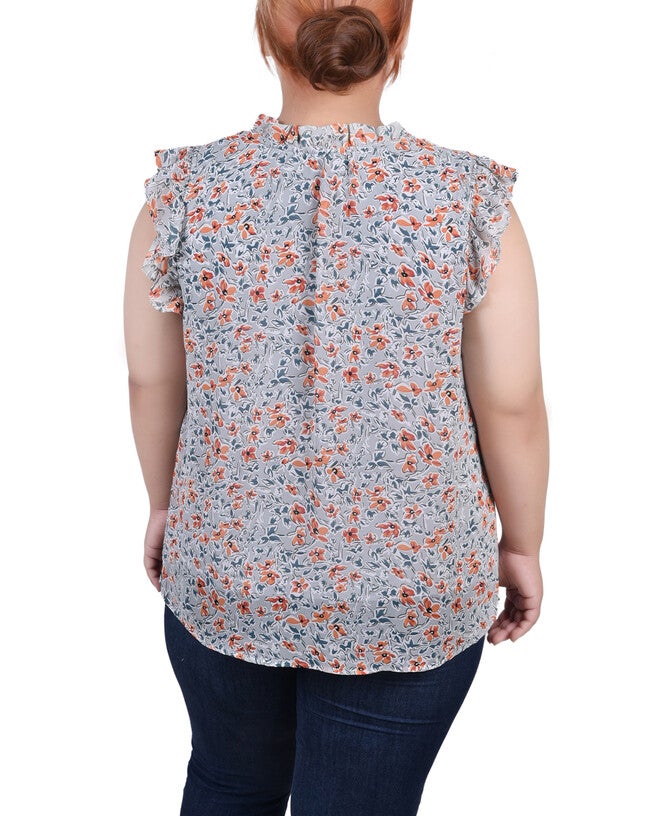 Ruffled Sleeve Blouse With Tie Closure, Blue Green Orange Floral, alternate image number 2