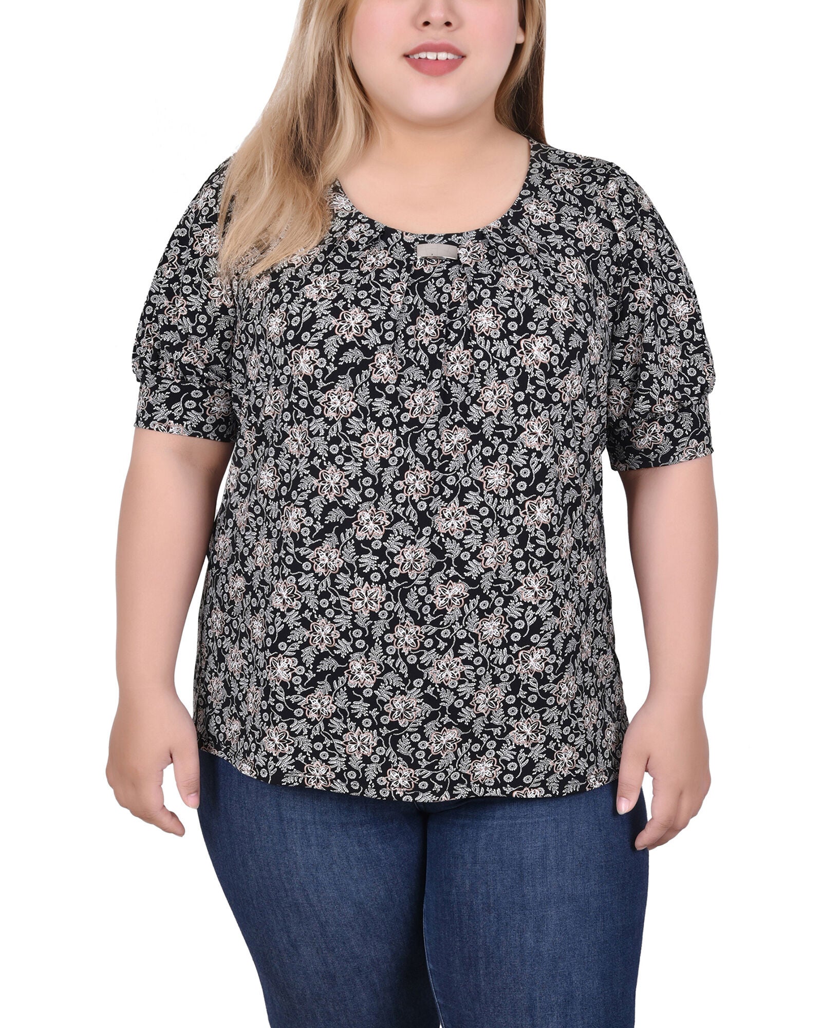 Short Sleeve Balloon Sleeve Top, Black Ivory Taupe Floral, hi-res image number 0