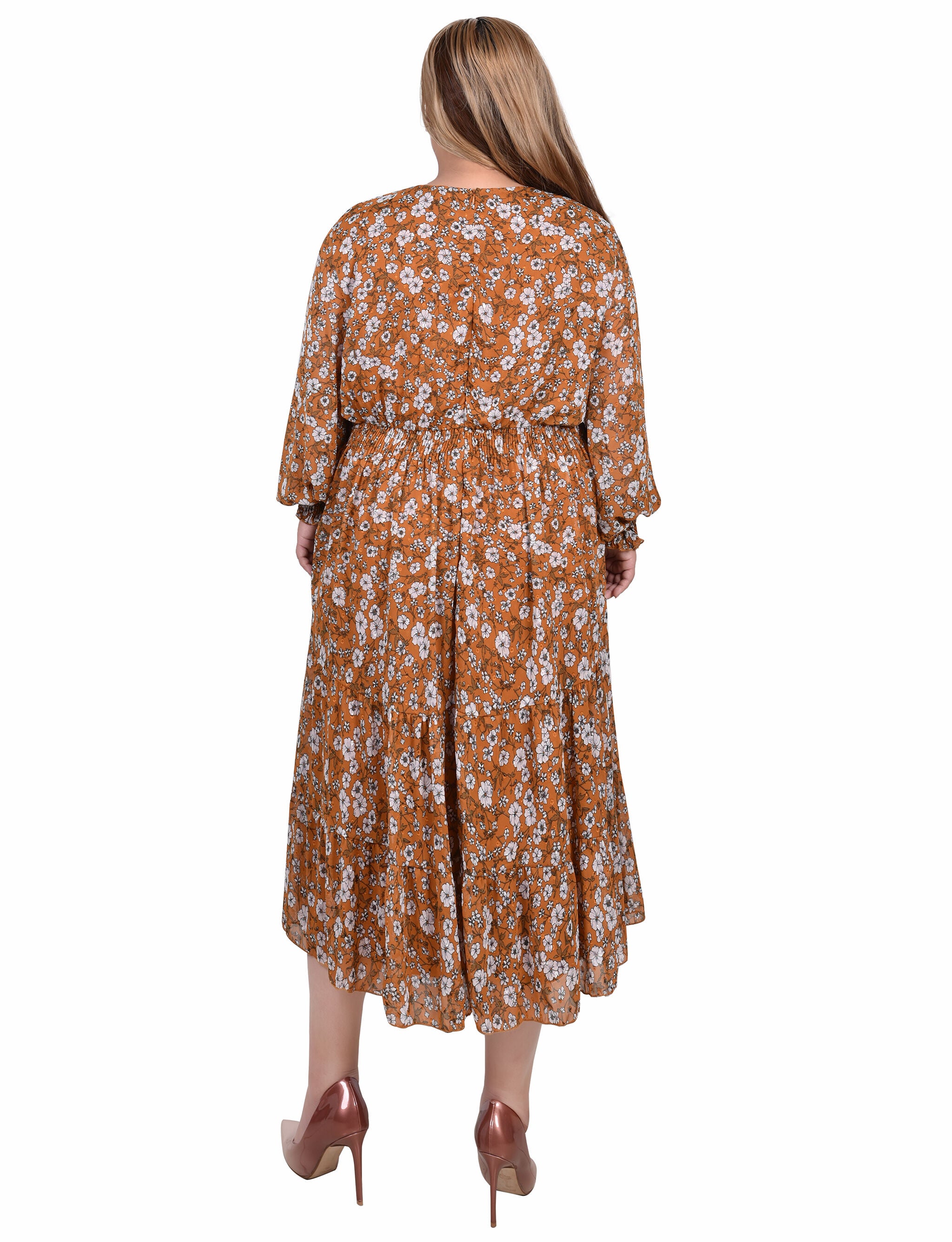 Long Sleeve Clip Dot Chiffon Dress With Smocked Waist and Cuffs, , alternate image number 1