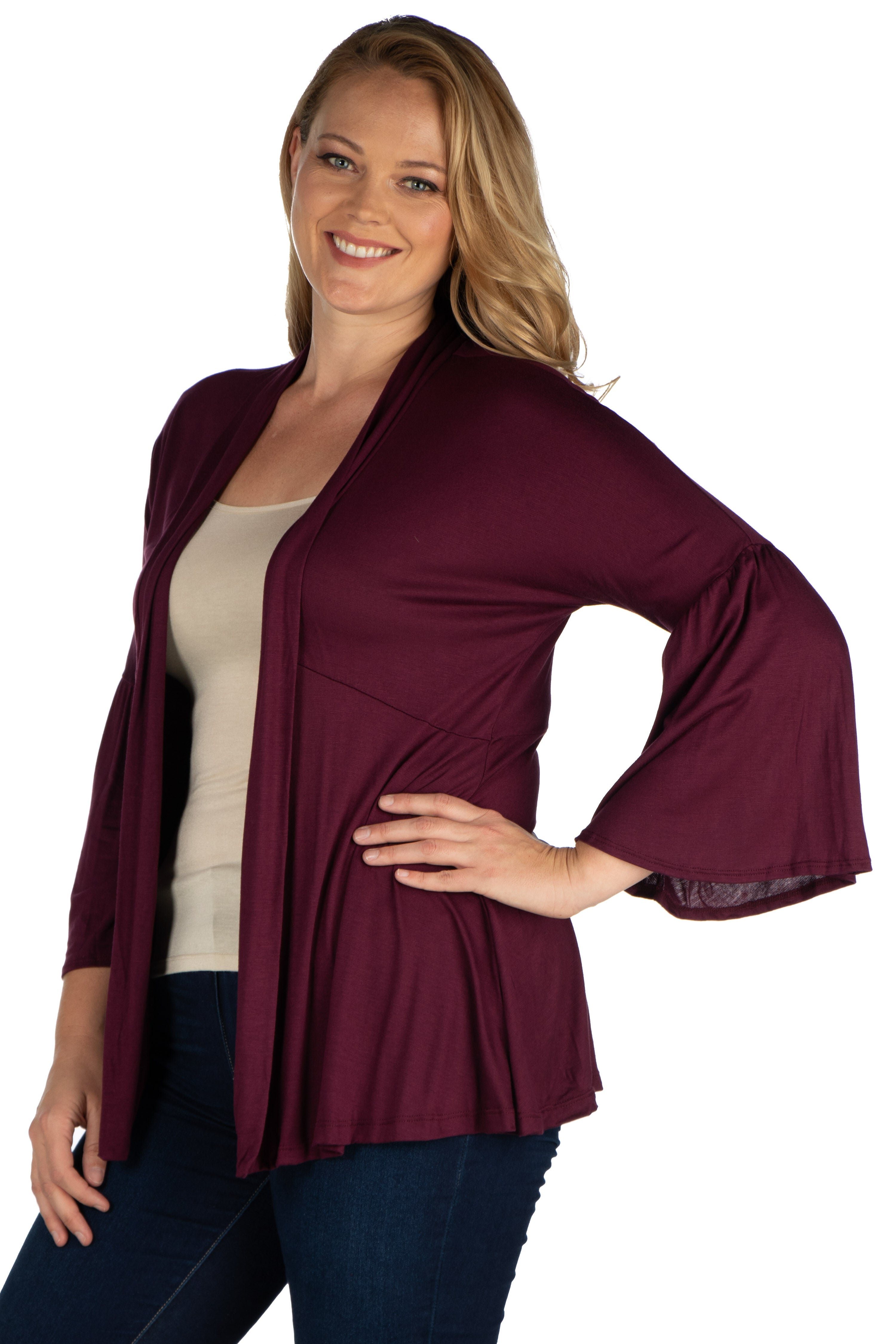 Bell Sleeve Flared Open Front Plus Size Cardigan, , alternate image number 2