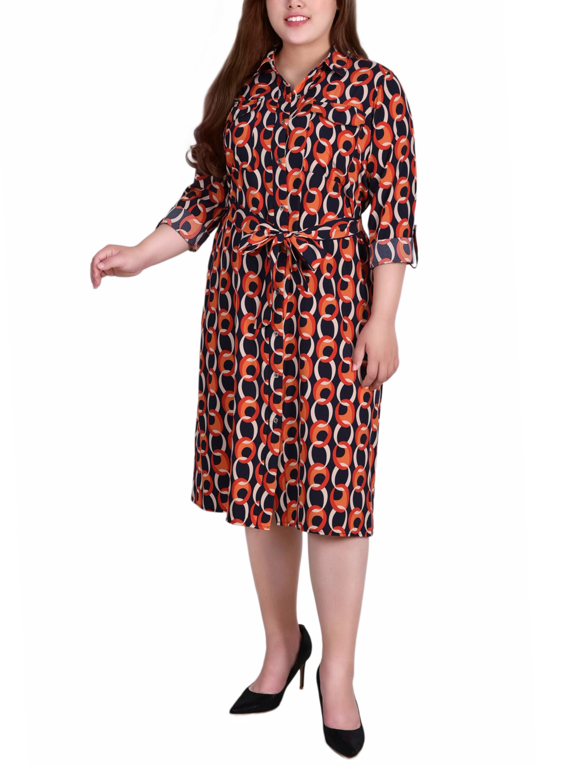 3/4 Roll Tab Sleeve Belted Shirtdress, Black Red Circle Chain, hi-res image number 0