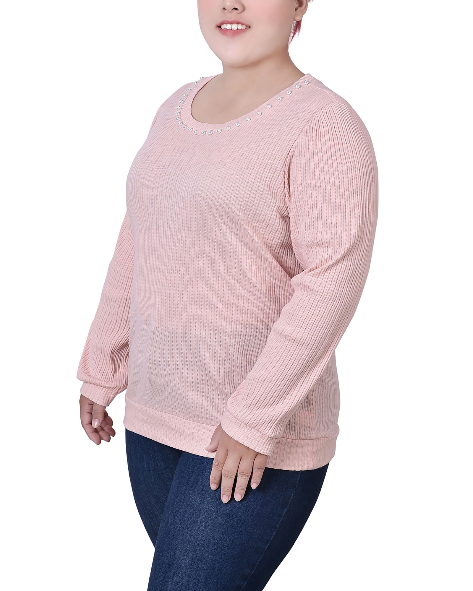 Long Sleeve Ribbed Pearl Trimmed Top, , alternate image number 2