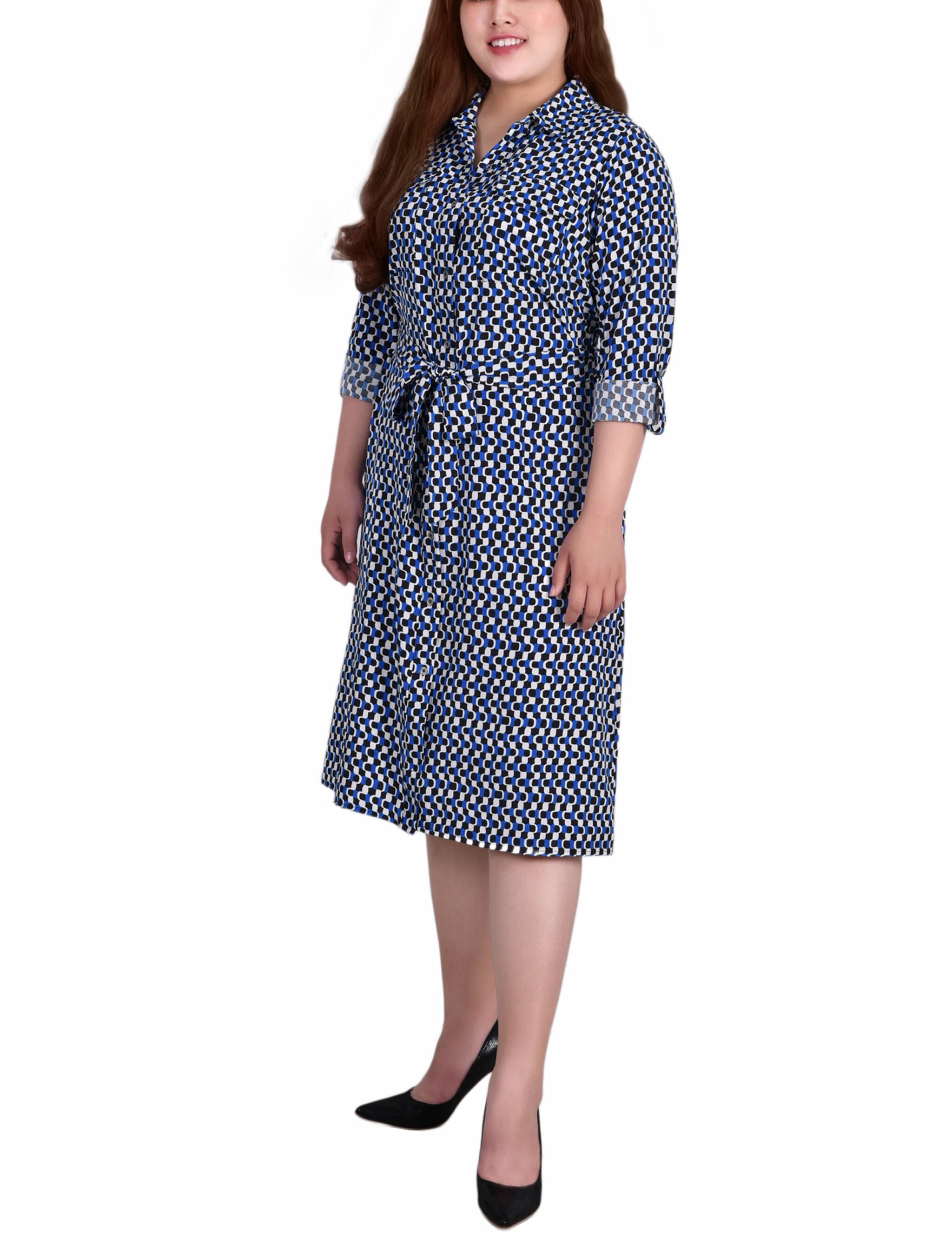 3/4 Roll Tab Sleeve Belted Shirtdress, Blue Black White Geo, hi-res image number 0