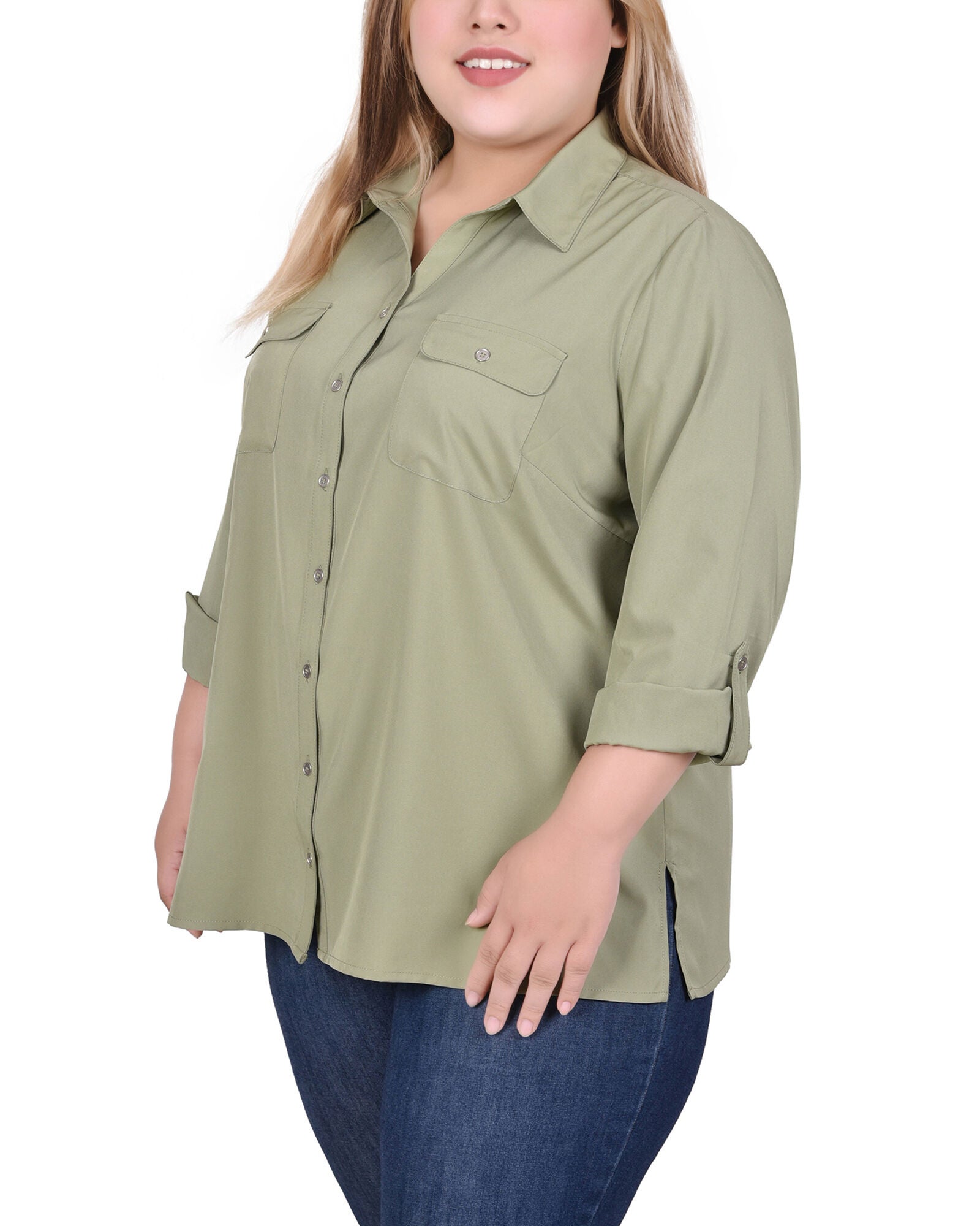 3/4 Roll Tab Blouse With Pockets, Oil Green, alternate image number 1