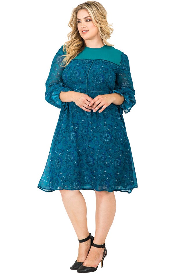 Plus Size Women Knee-Length Puff Sleeve Teal Chiffon Dress, Blue, hi-res image number 0
