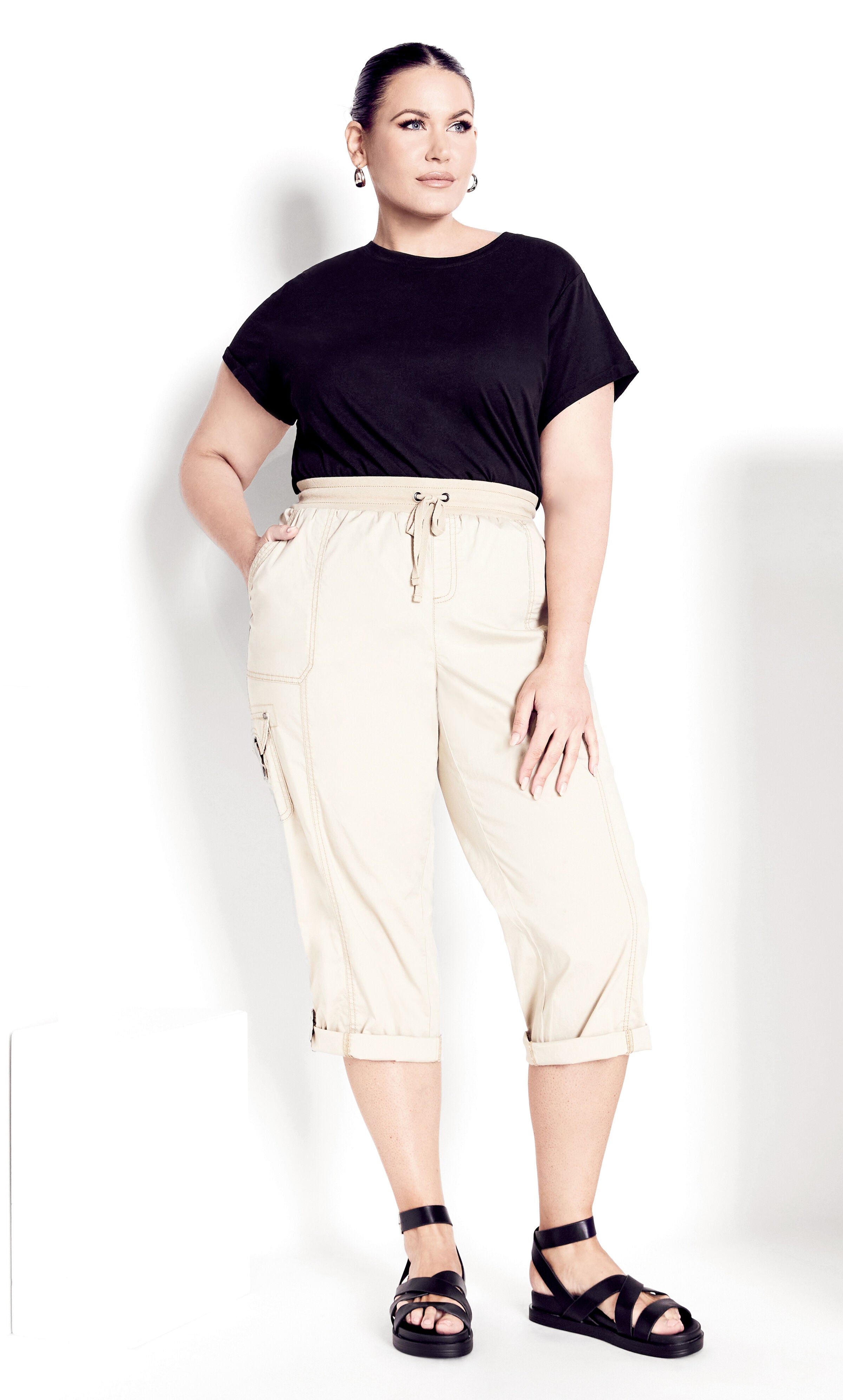 Cotton Roll Up Capri - sand, Brown, hi-res image number 0