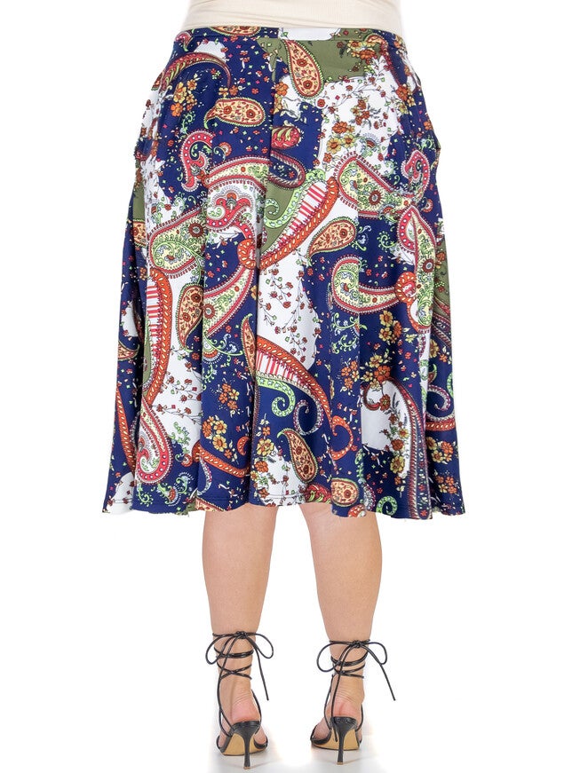 Paisley Print Pleated Plus Size Pocket Midi Skirt, , alternate image number null