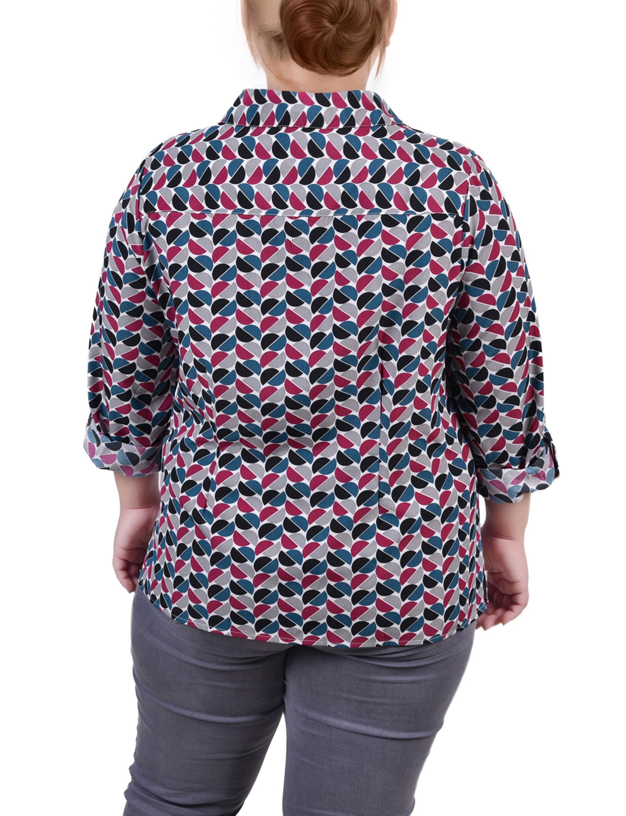 3/4 Roll Tab Blouse With Pockets, Beet Red White Half Ball Geo, alternate image number 2