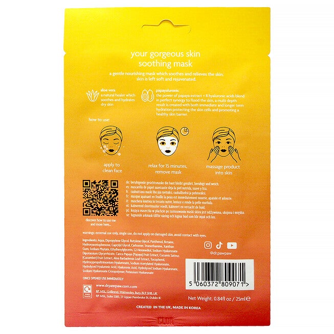 Your Gorgeous Skin Soothing Sheet Mask by Dr. PawPaw for Unisex - 0.84 oz Mask, See Description, alternate image number 1