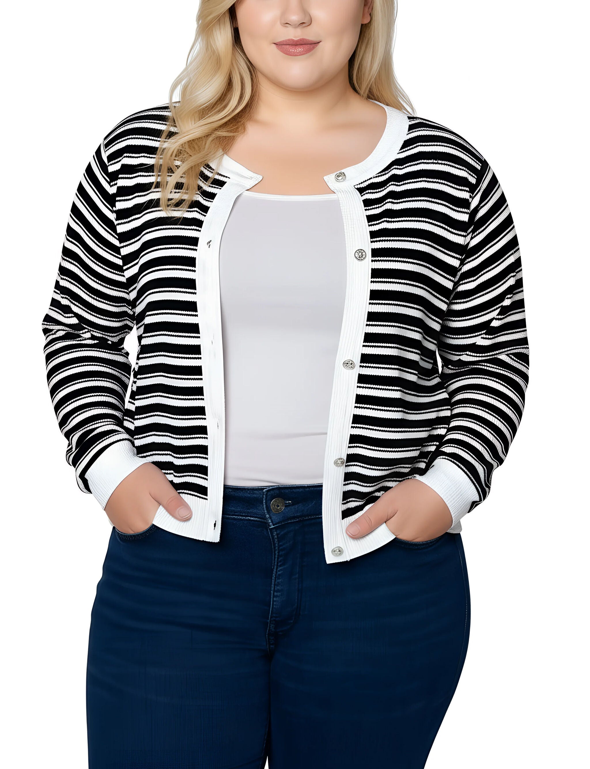 Plus Size Long sleeve Ribbed Cardigan, Black White Stripe, hi-res image number 0