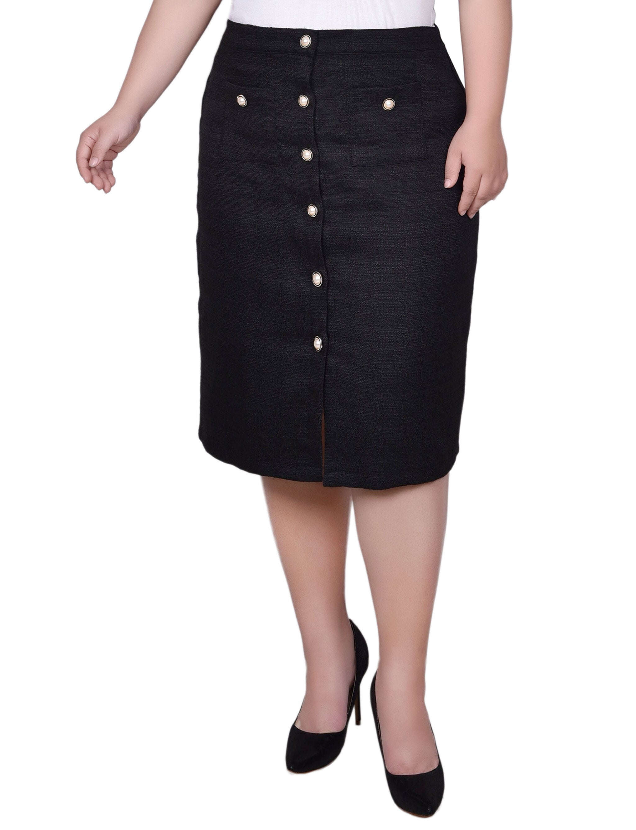 Slim Tweed Double Knit Skirt with Pockets, Black, hi-res image number 0