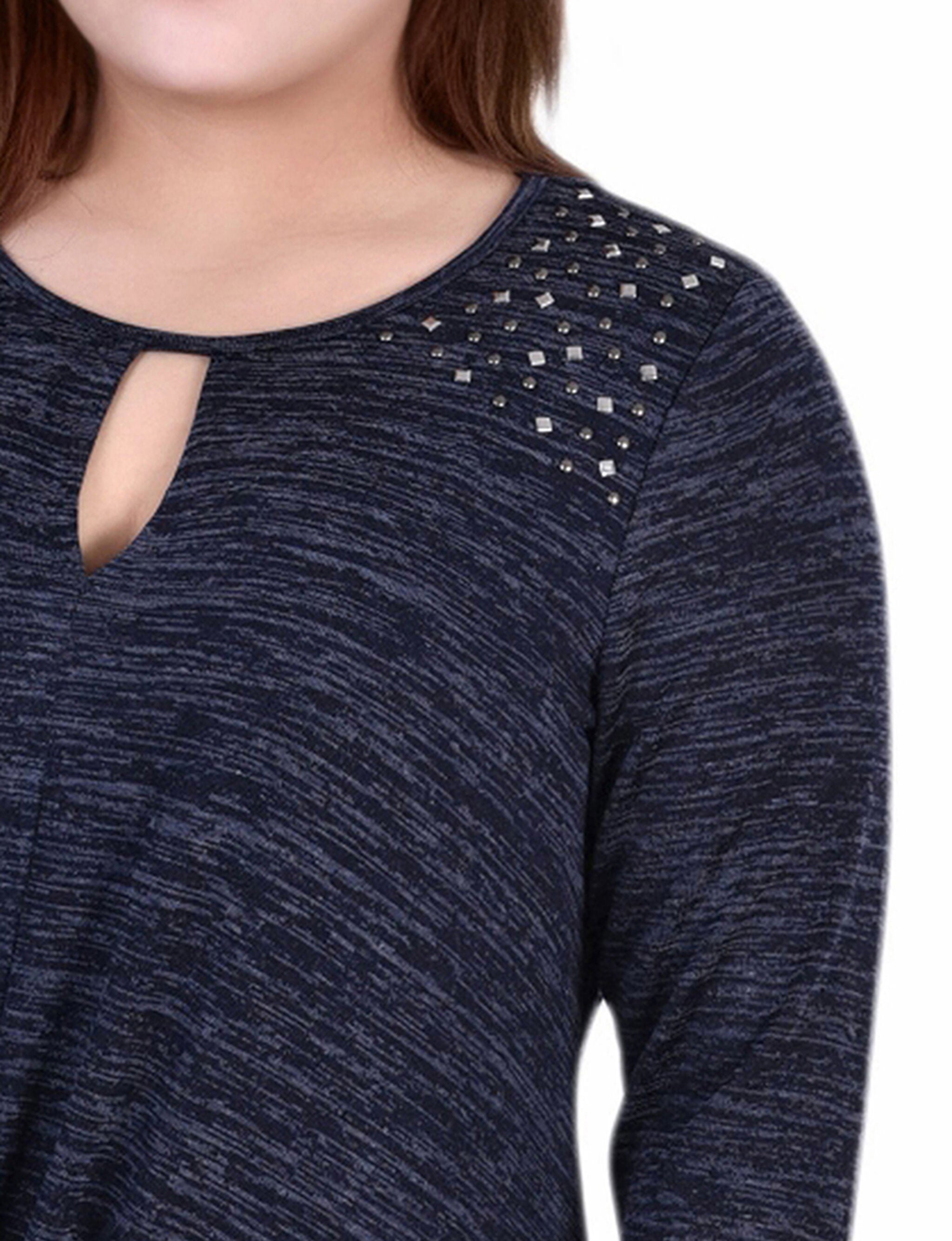 Plus Size Long Sleeve Knit Keyhole Top With Studs, Navy, alternate image number 2