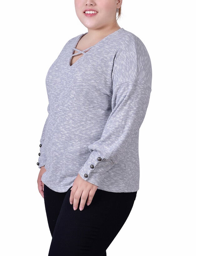 Long Sleeve Criss Cross Neck Pullover Top, , alternate image number 2