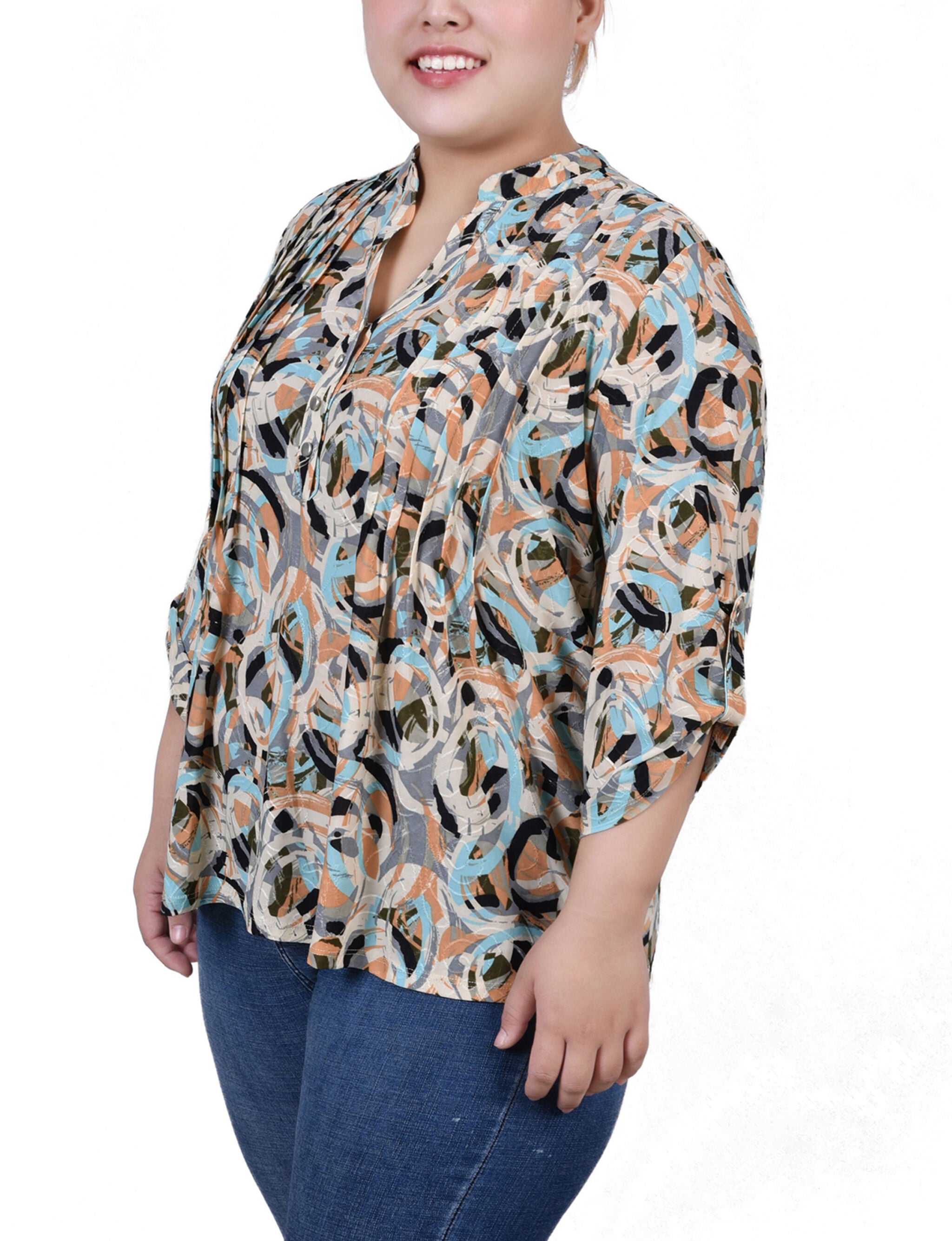 3/4 Sleeve Roll Tab Y Neck Top, Multi Abstract, alternate image number 1