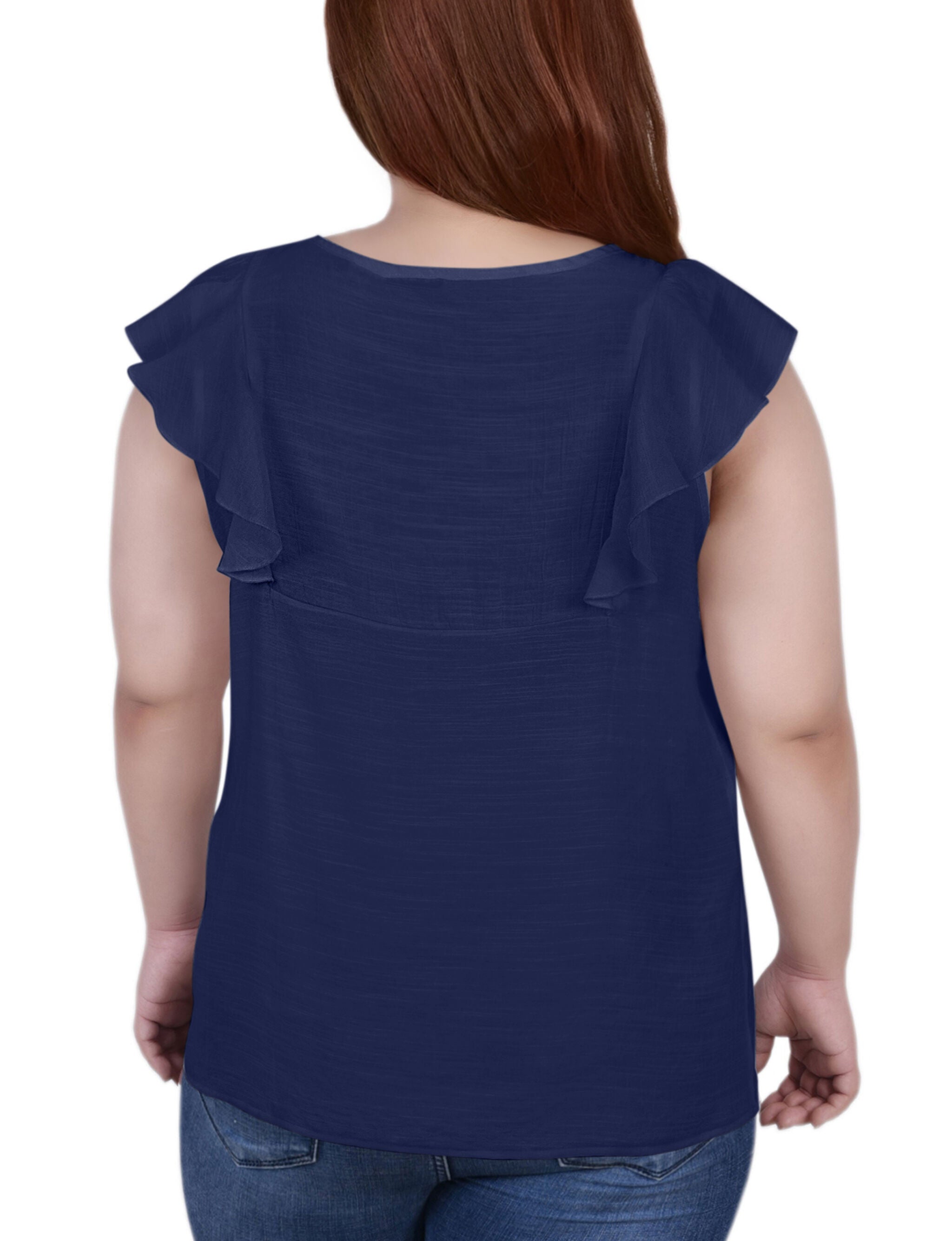Short Sleeve Ruffle Front Blouse, Navy, alternate image number 2