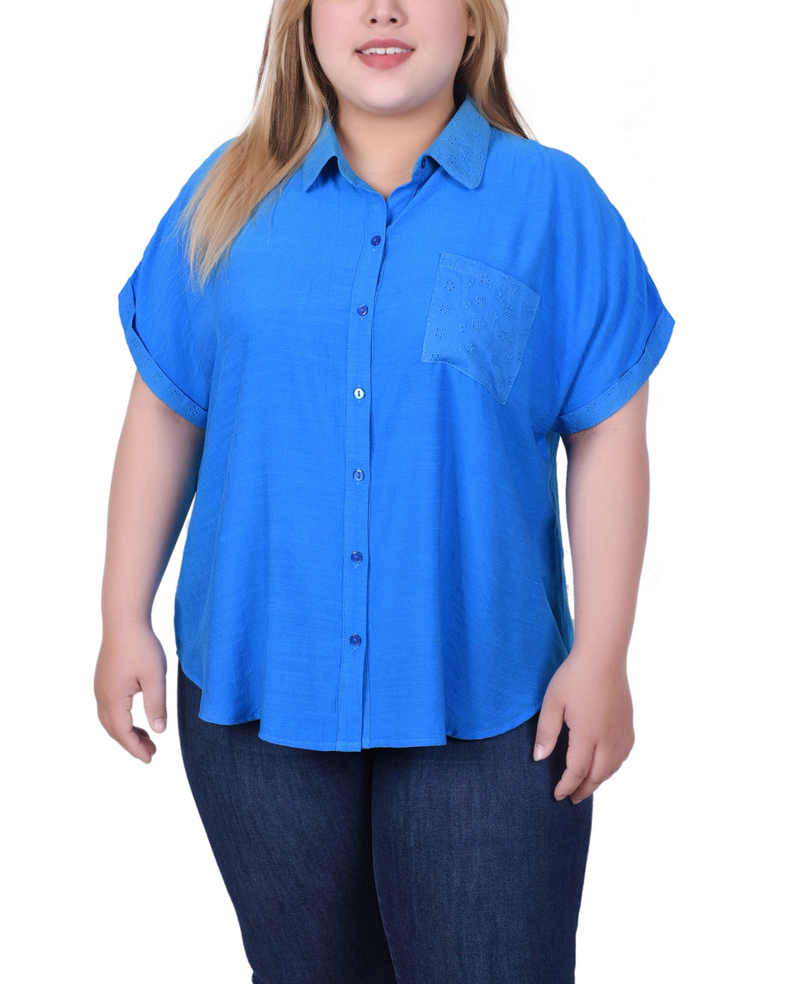 Short Extended Sleeve Blouse, Blue, hi-res image number 0