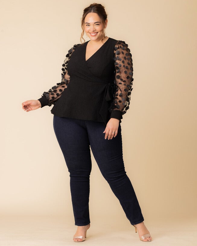 Scattered Petals Long Sleeve Wrap Top, ONYX BLOSSOMS / Black, alternate image number 4
