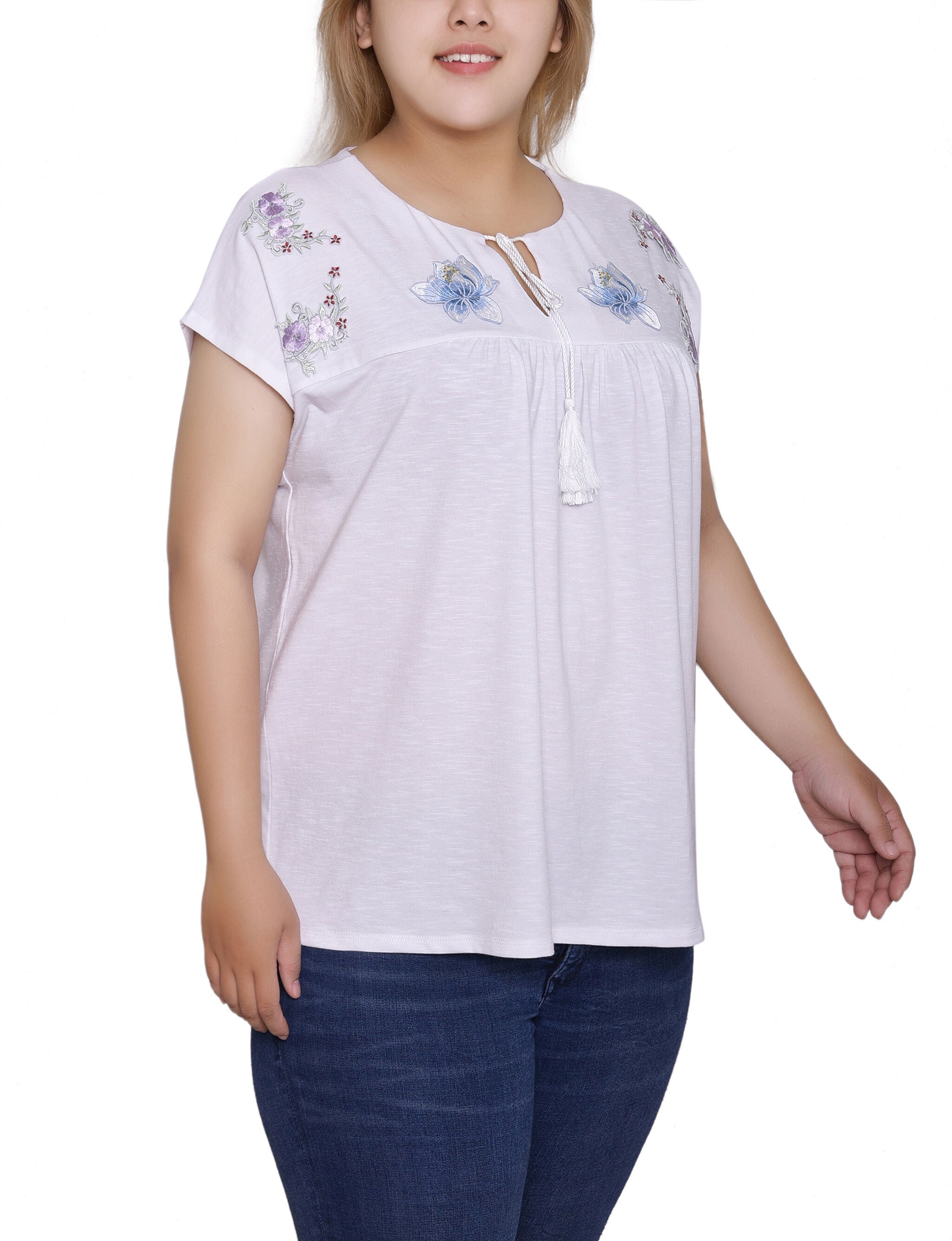 Embroidered Yoke Extended Sleeve Top, White, alternate image number 1