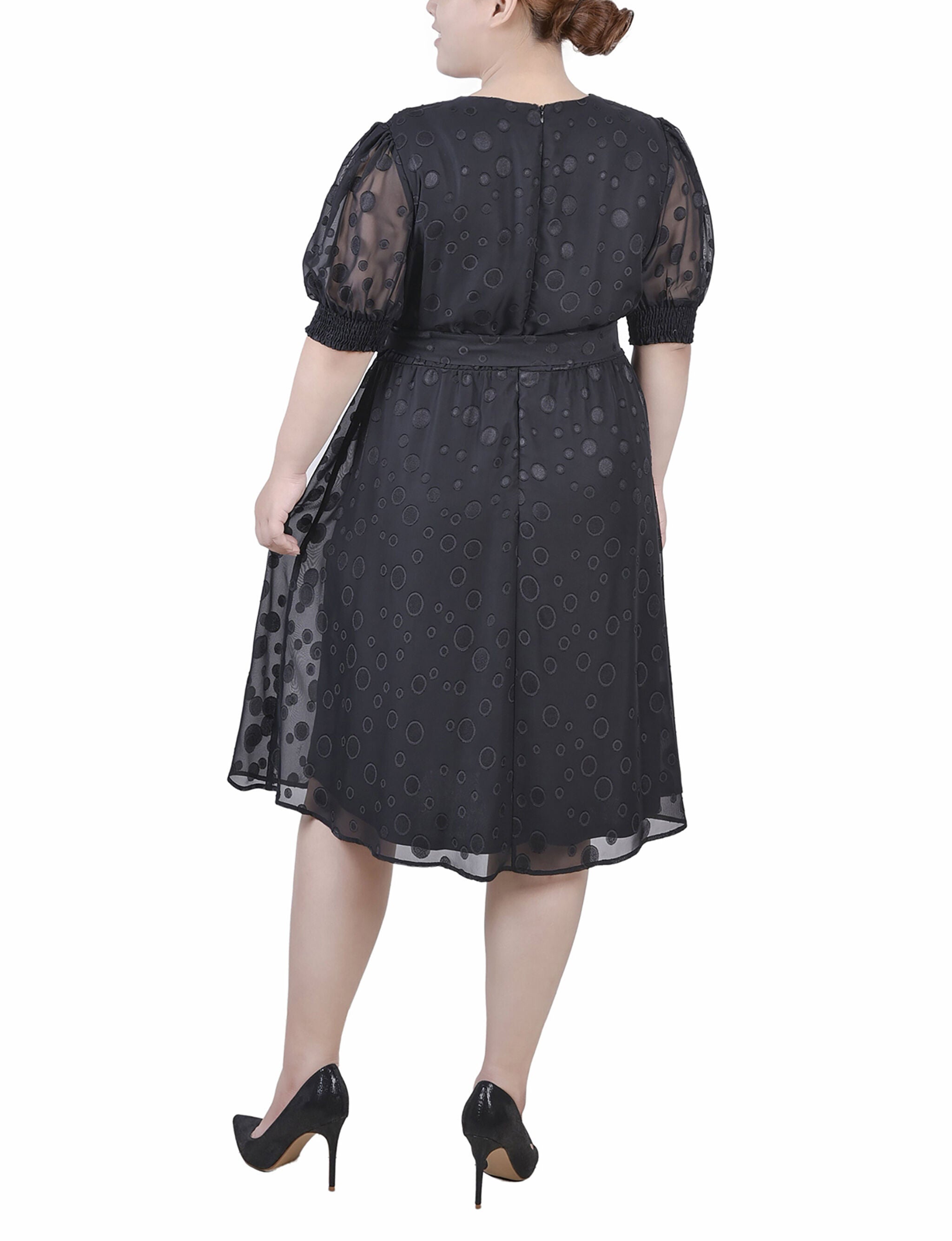 Elbow Sleeve Swiss Dot Dress, Black, alternate image number 2