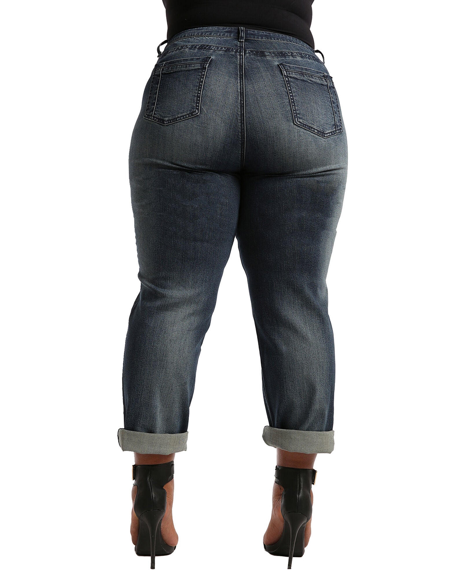 Plus Size Verla Boyfriend Jeans In Hurricane Wash W Bleach Spots & Rolled Cuffs, Blue / Dark Wash, alternate image number 4