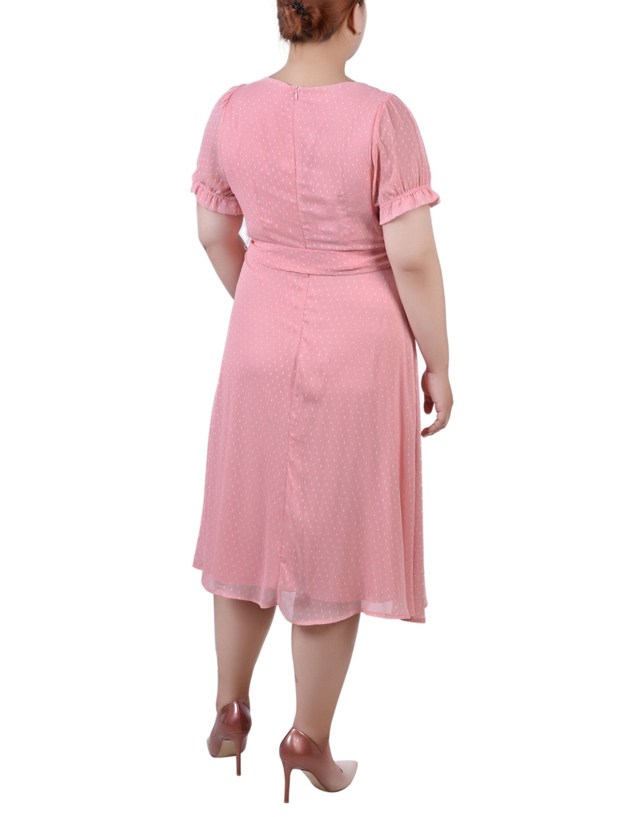 Short Sleeve Belted Swiss Dot Dress, Mellow Rose Rectangle, alternate image number 2