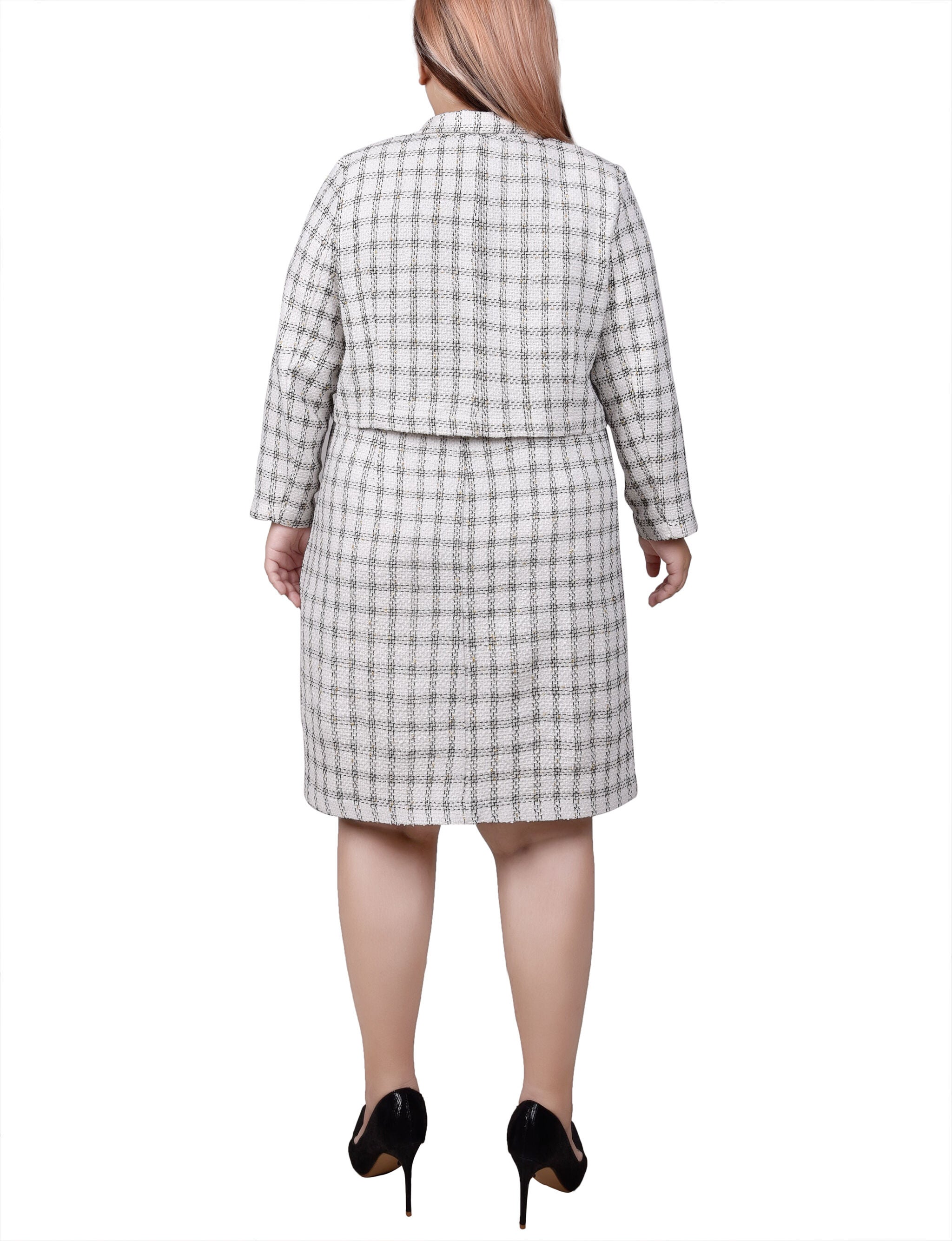 Long Sleeve Tweed Dress Set, Ivory Black Gold, alternate image number 2