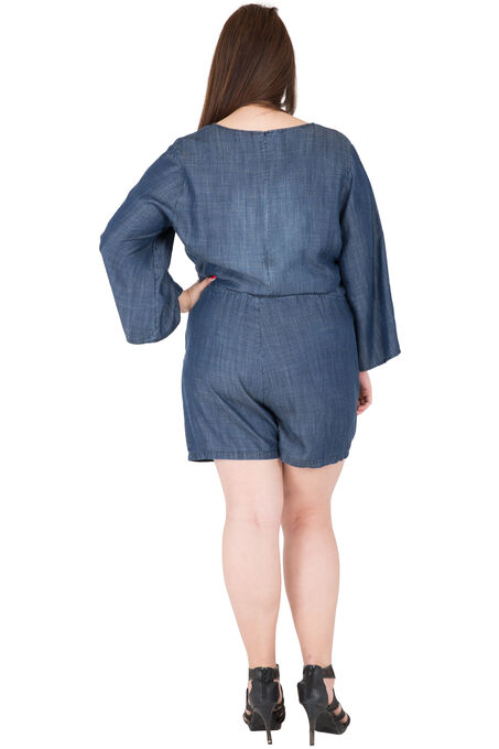 Plus Size Women's Bell Sleeve Lace-Up Tencel Denim Rompers, , alternate image number null