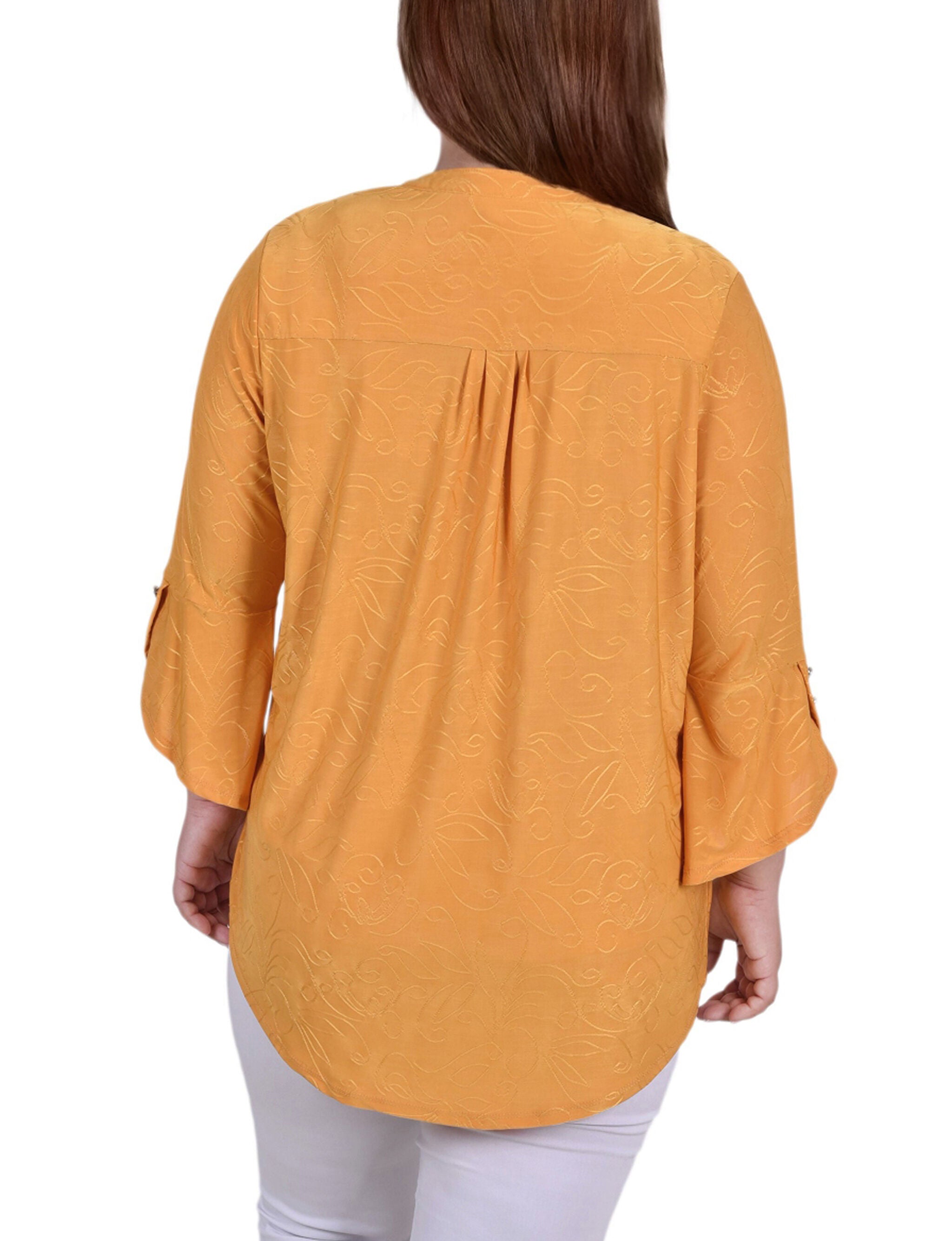 3/4 Sleeve Overlapped Bell Sleeve Y Neck Top, Deep Gold Sakadotduo, alternate image number 1