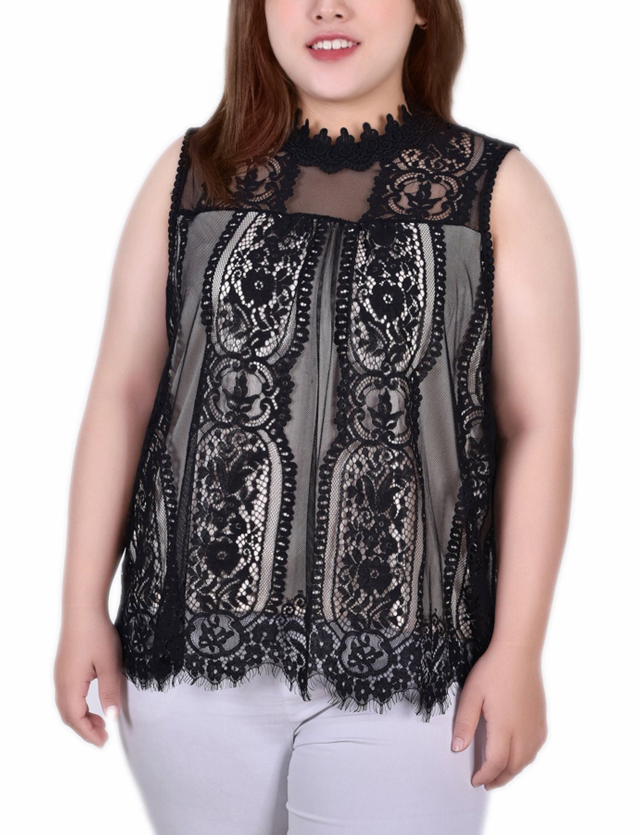 Sleeveless Mock Neck Lace Top, Black Nude, hi-res image number 0