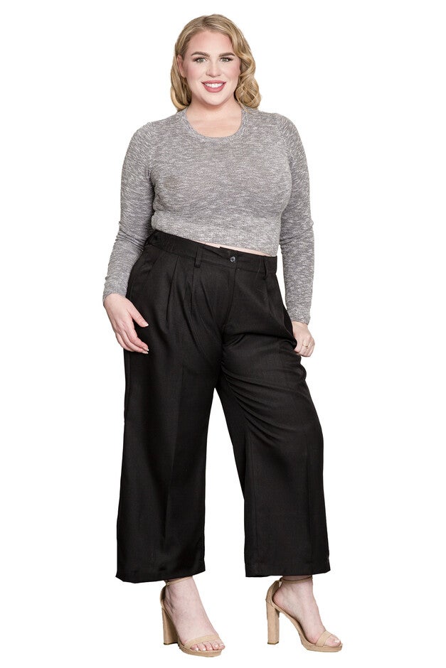 Pleated Front Cropped Wide Leg Woven Pants, Black / Black, alternate image number 3