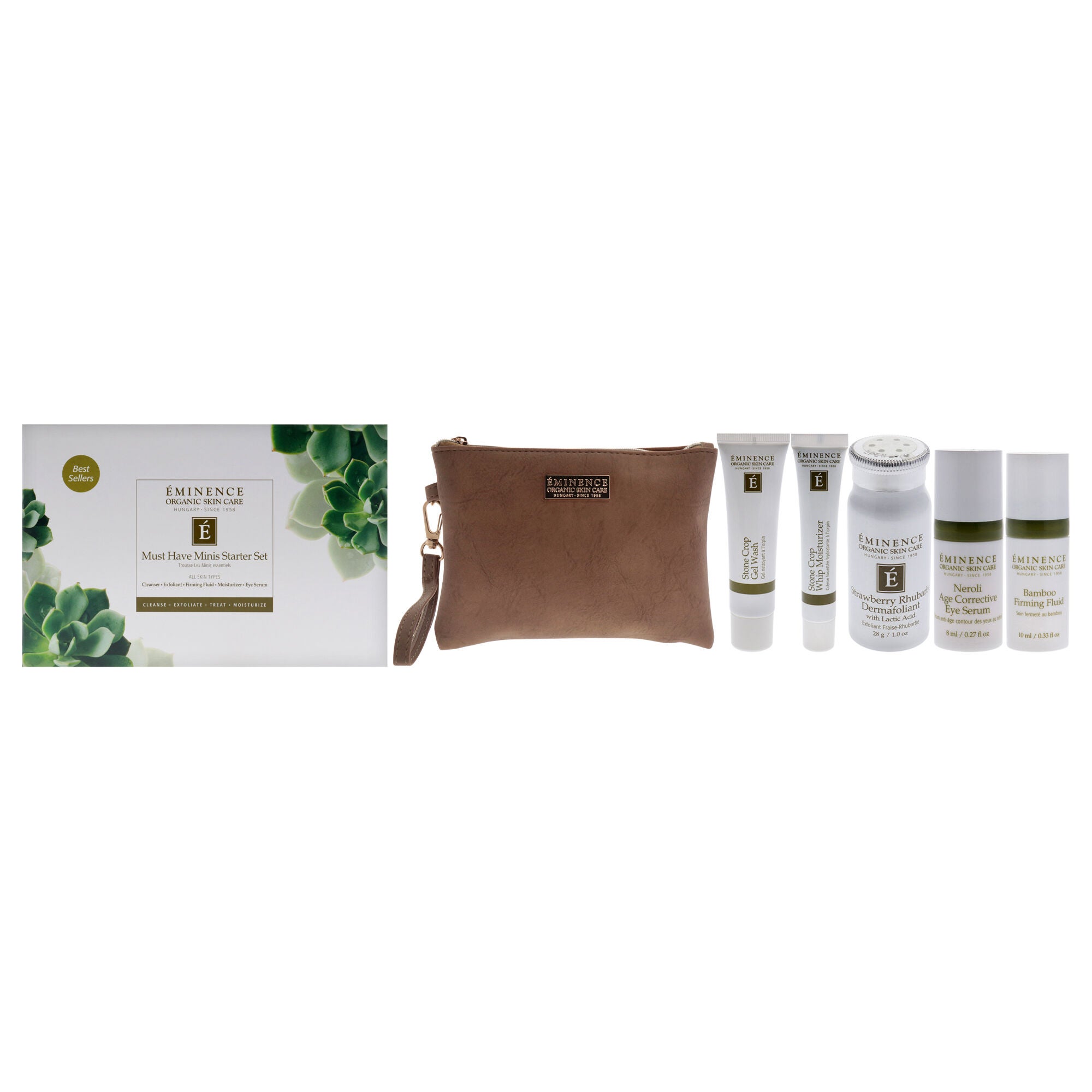 Must Have Minis Starter Set by Eminence for Unisex - 6 Pc 1oz Stone Crop Gel Wash, 1oz Strawberry Rhubarb Dermafoliant, 0.5oz Stone Crop Whip Moisturizer, 0.33oz Bamboo Firming Fluid, 0.27oz Neroli Age Corrective Eye Serum, Pouch, Multi, hi-res image number 0