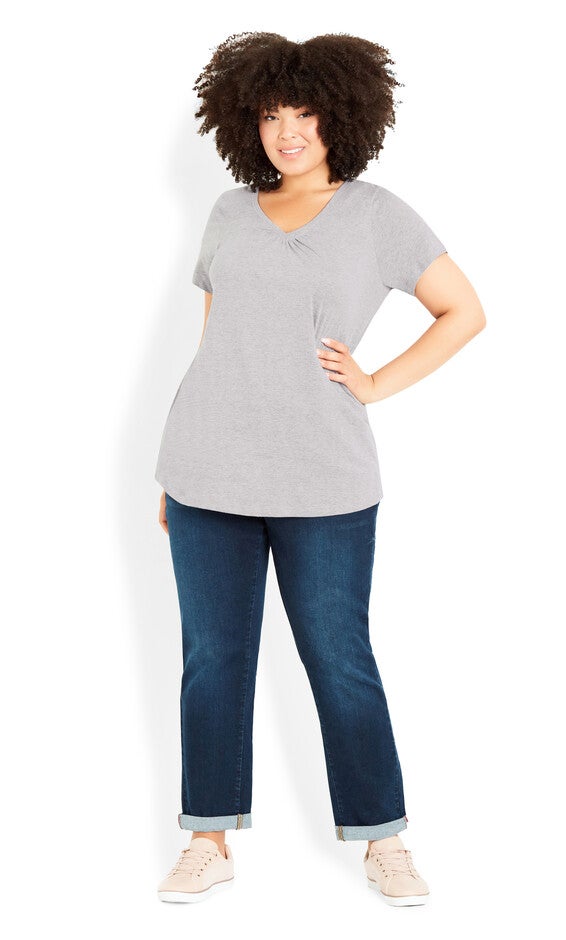 Gathered V Neck Cotton Top - gray, , alternate image number 1