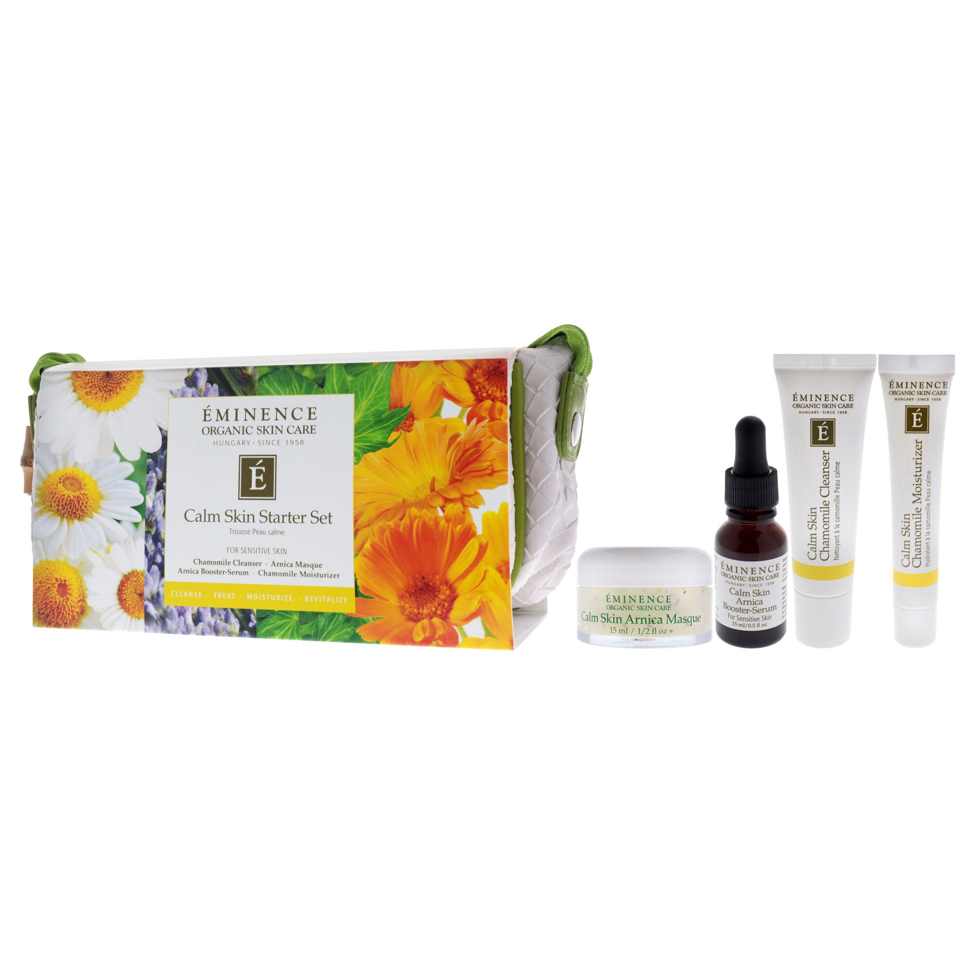 Calm Skin Starter Set by Eminence for Unisex - 5 Pc 1oz Calm Skin Chamomile Cleanser, 0.5oz Calm Skin Chamomile Moisturizer, 0.5oz Calm Skin Arnica Masque, 0.5oz Calm Skin Arnica Booster-Serum, Cosmetic Bag, White, alternate image number 3