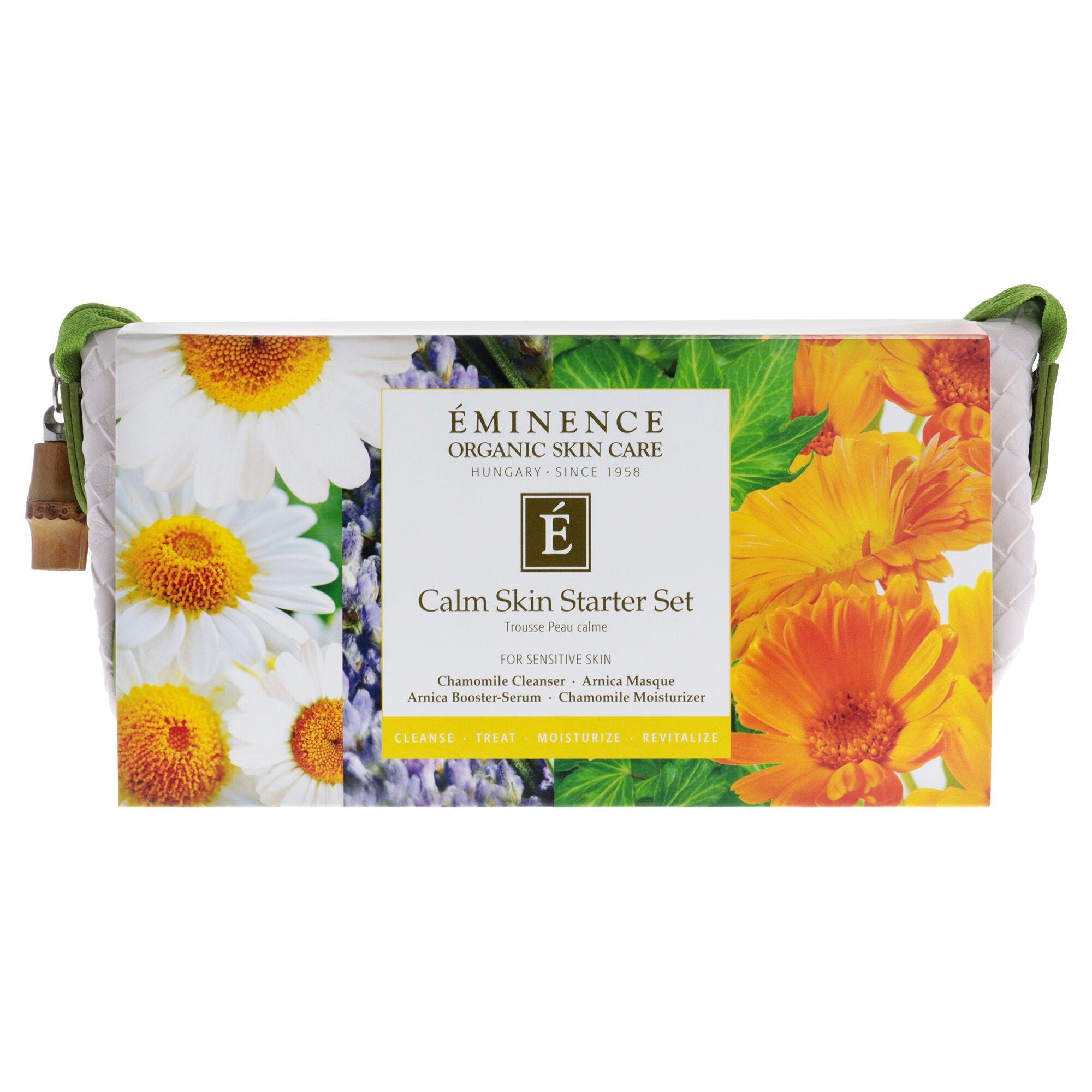 Calm Skin Starter Set by Eminence for Unisex - 5 Pc 1oz Calm Skin Chamomile Cleanser, 0.5oz Calm Skin Chamomile Moisturizer, 0.5oz Calm Skin Arnica Masque, 0.5oz Calm Skin Arnica Booster-Serum, Cosmetic Bag, White, alternate image number 4